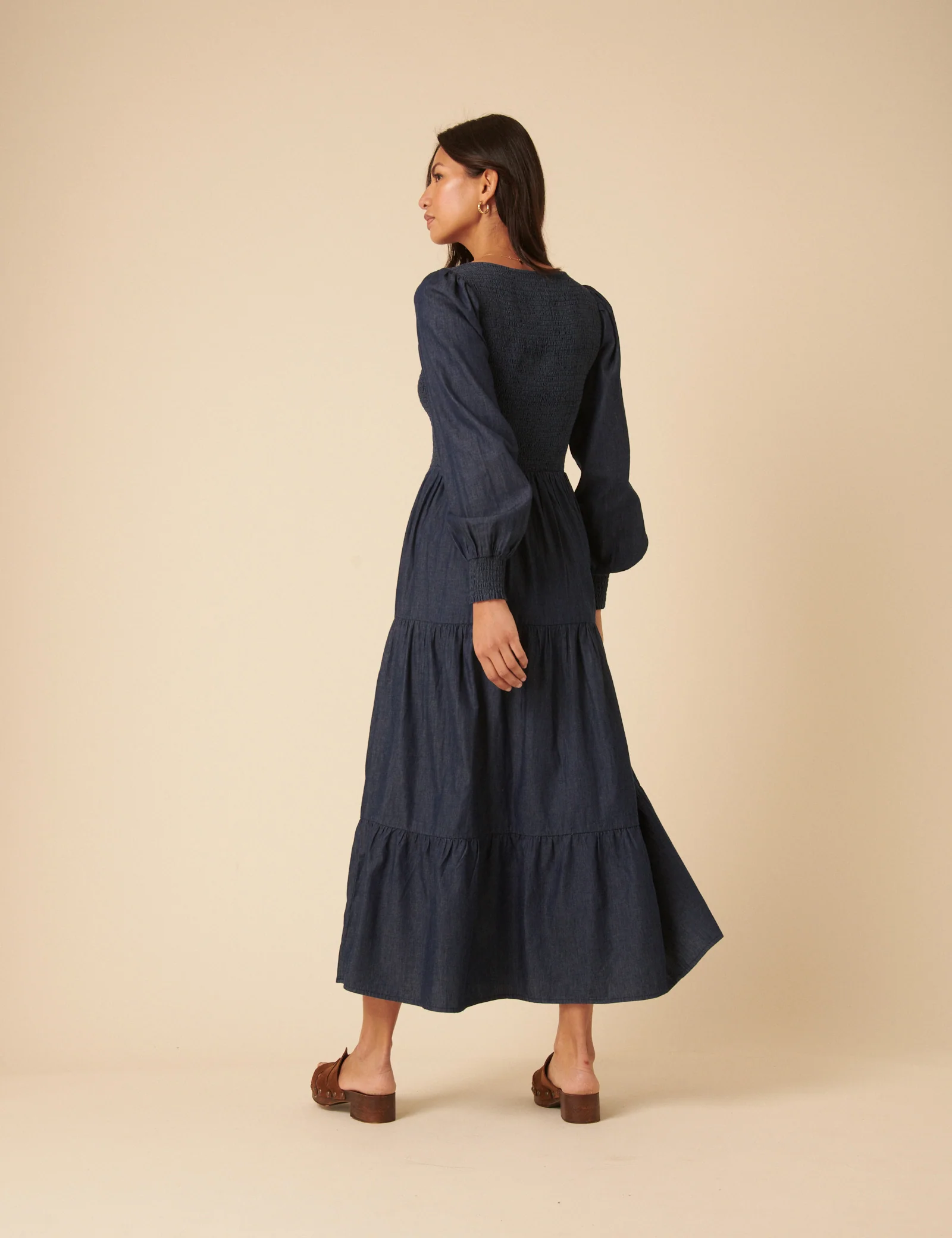Dark Blue Denim Shirred Tiered Lilly Midi Dress - Image 5