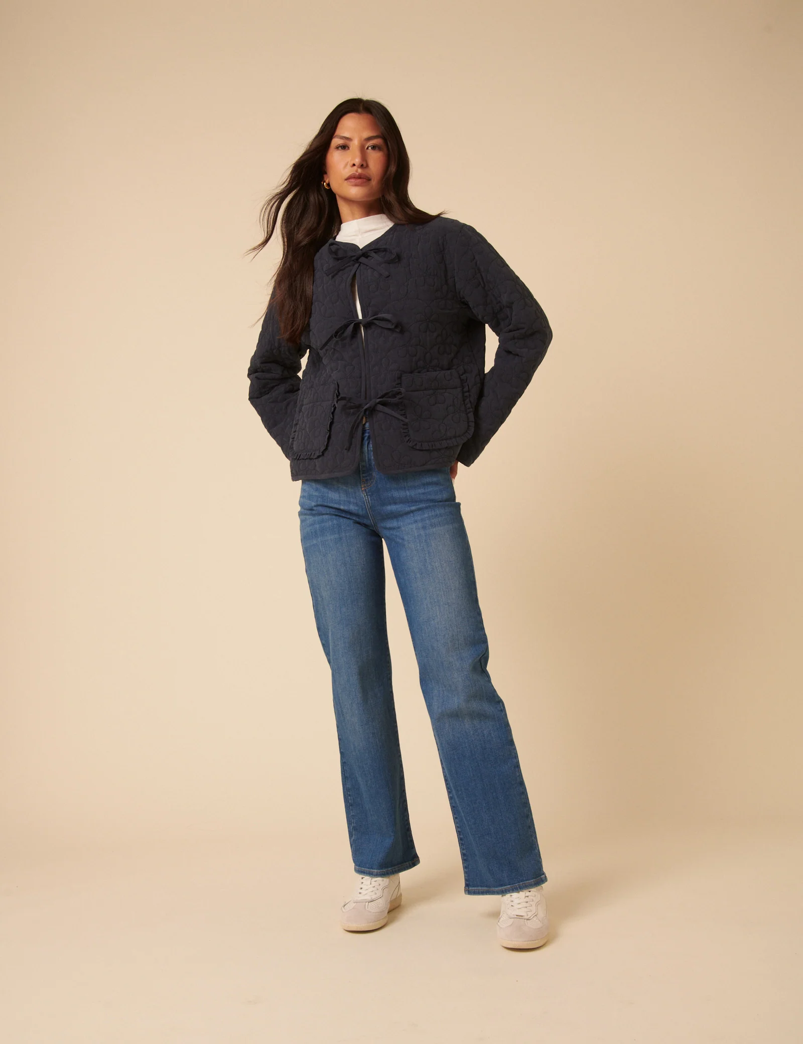 Navy Tie-Front Quilted Jacket