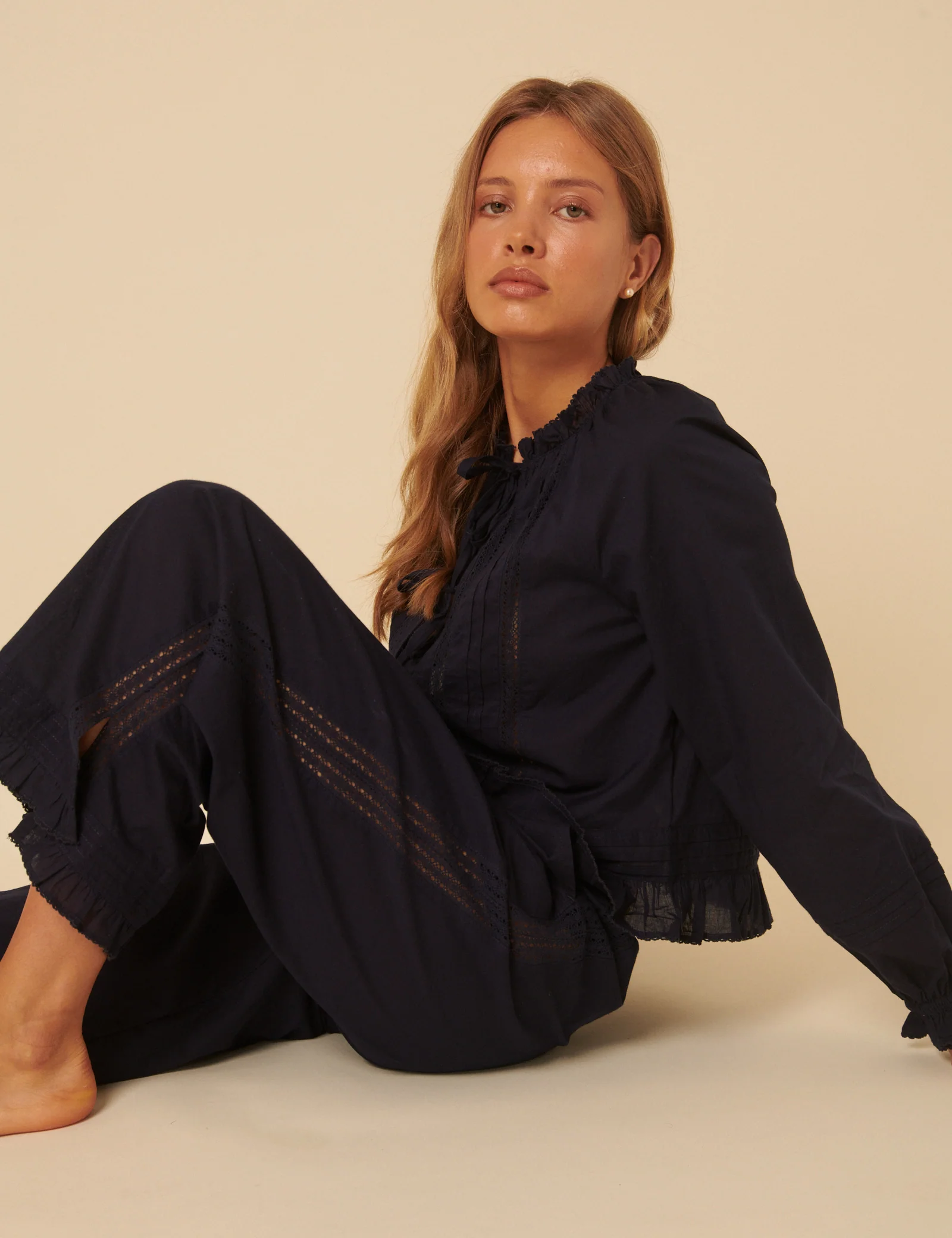 Navy Tie Front Ruffle Trim Detail Pyjama Set - Image 4