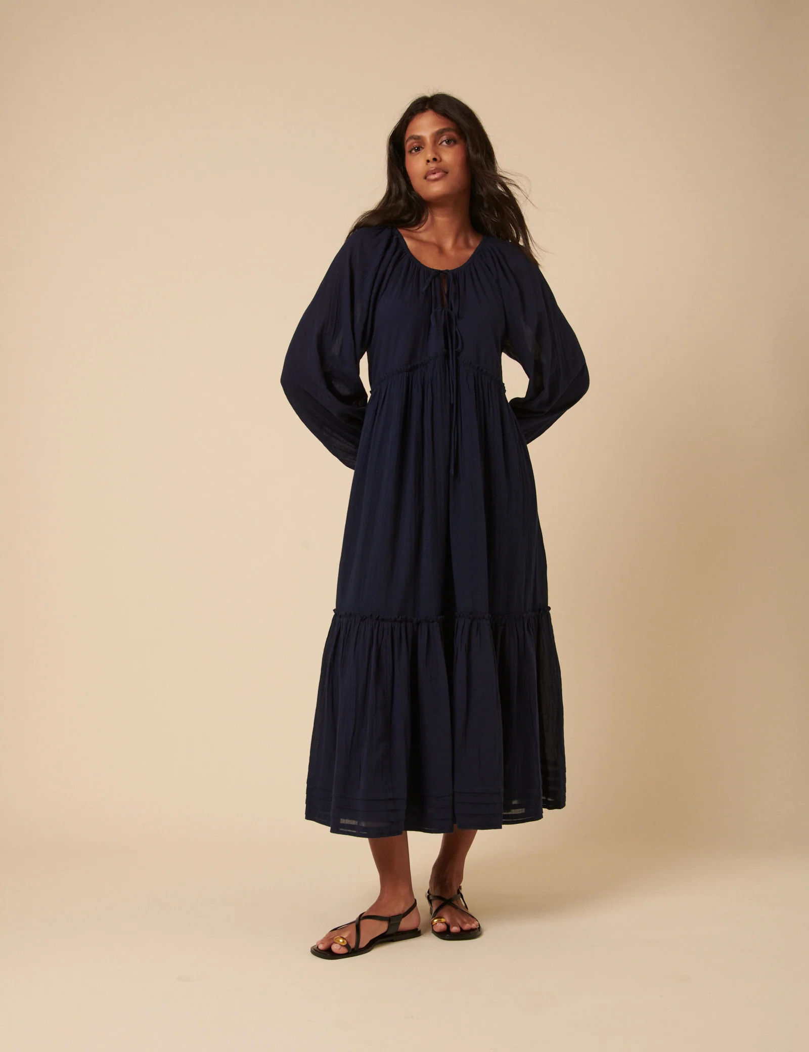 Navy Tie Front Tiered Adley Midi Dress