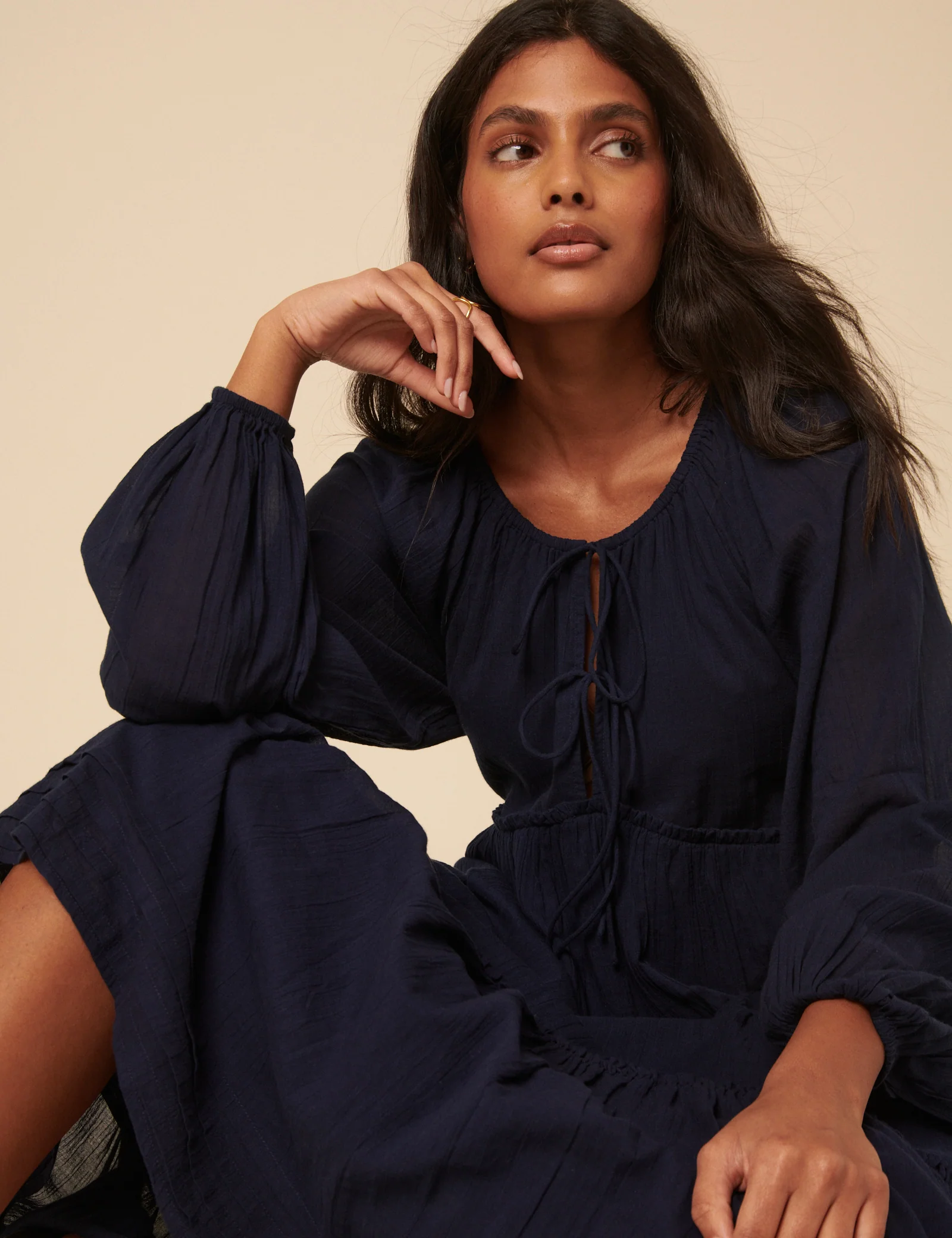 Navy Tie Front Tiered Adley Midi Dress - Image 2