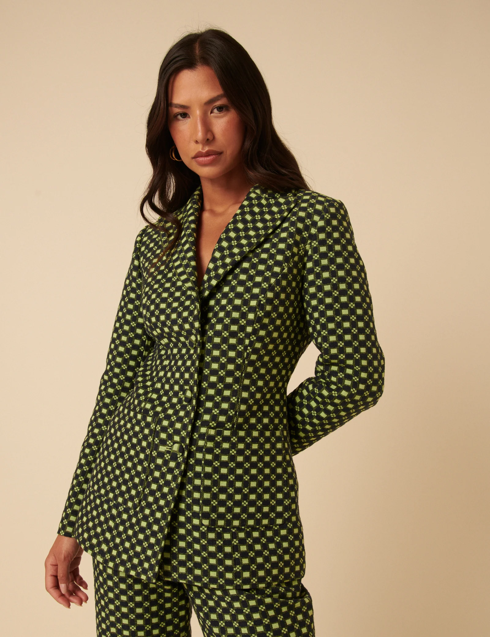 NC x Lisou Black and Lime Green Jacquard Checkerboard Fitted Blazer - Image 2