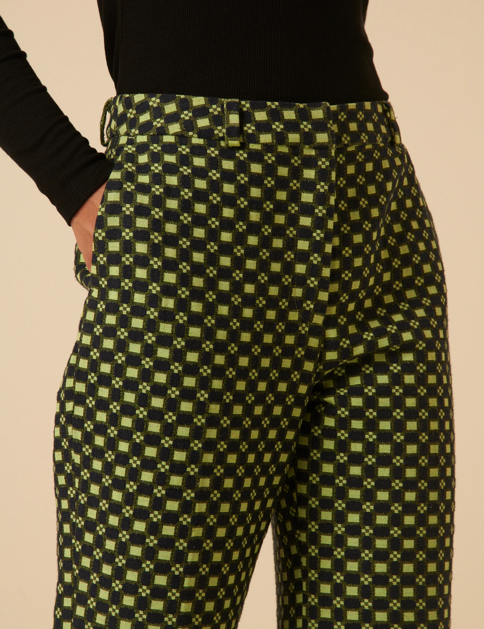 NC x Lisou Black and Lime Green Jacquard Checkerboard Tailored Trousers - Image 2