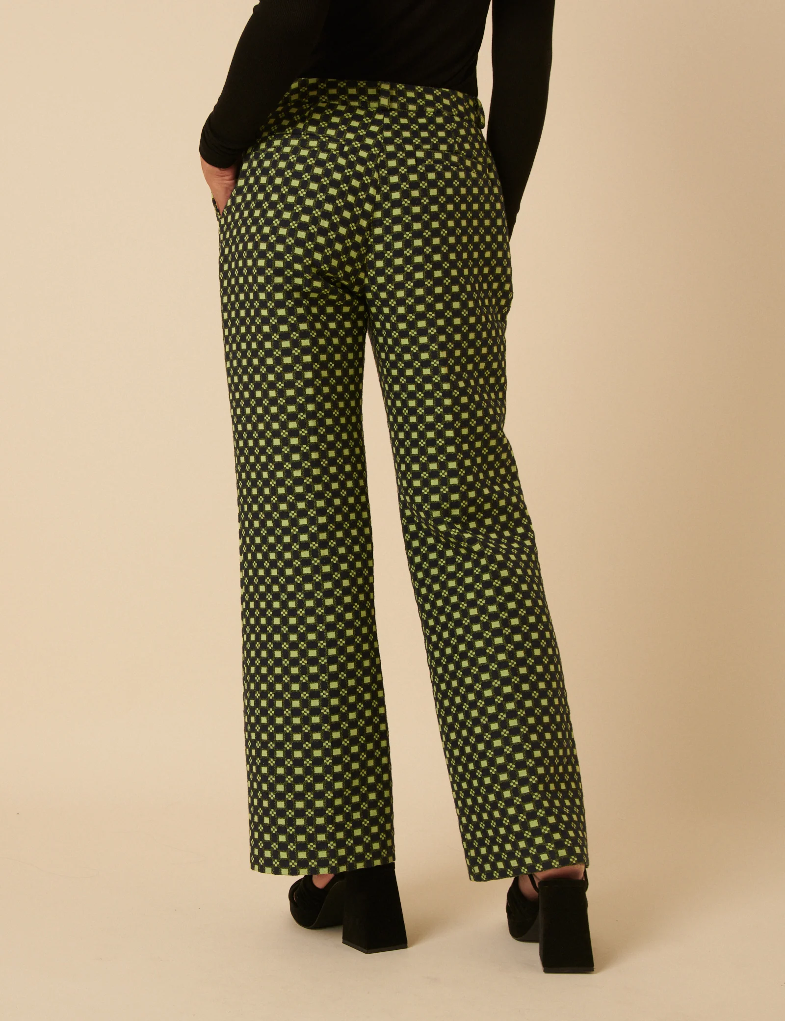 NC x Lisou Black and Lime Green Jacquard Checkerboard Tailored Trousers - Image 5