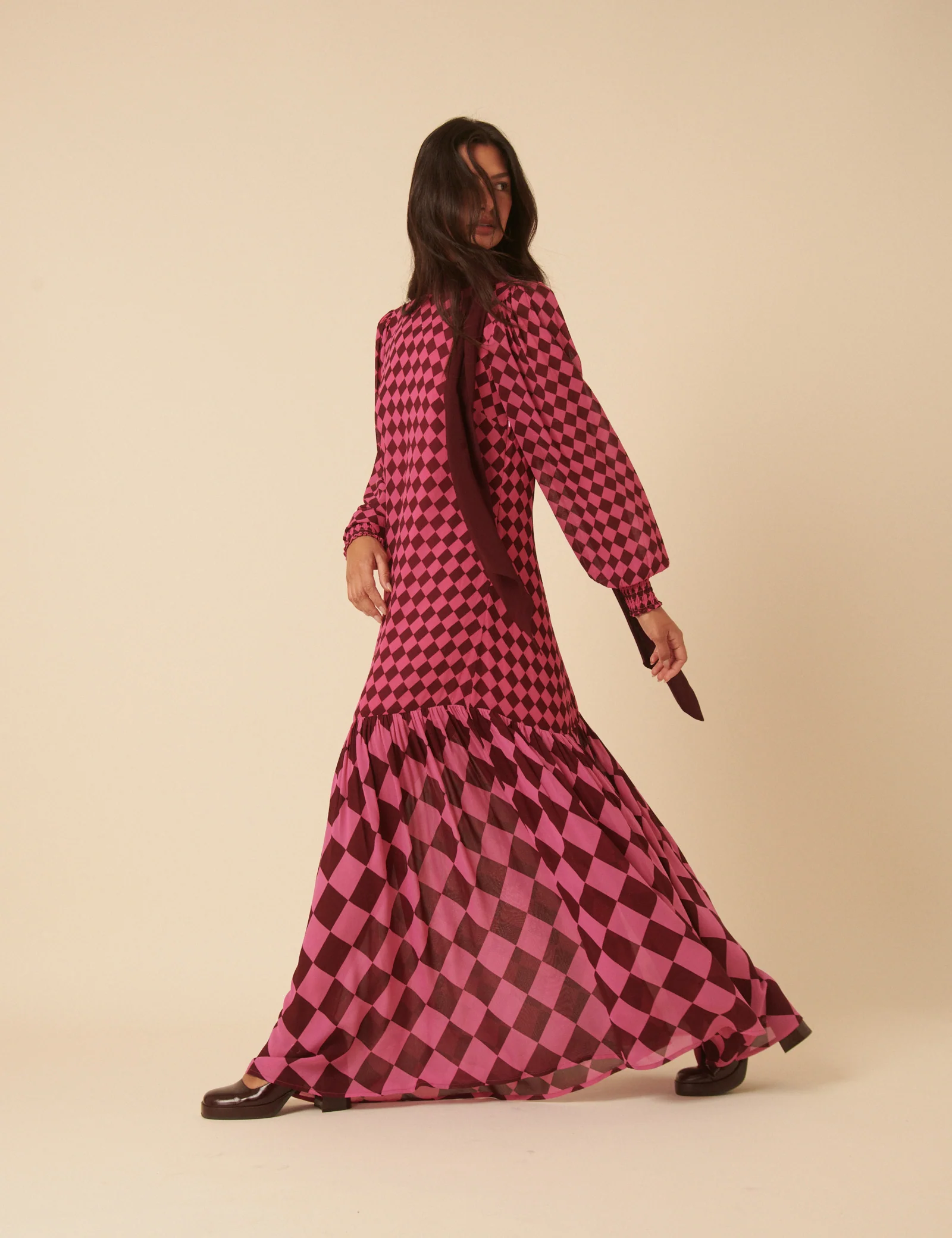 NC x Lisou Burgundy and Pink Printed Scarf Tiered Maxi Dress - Image 3