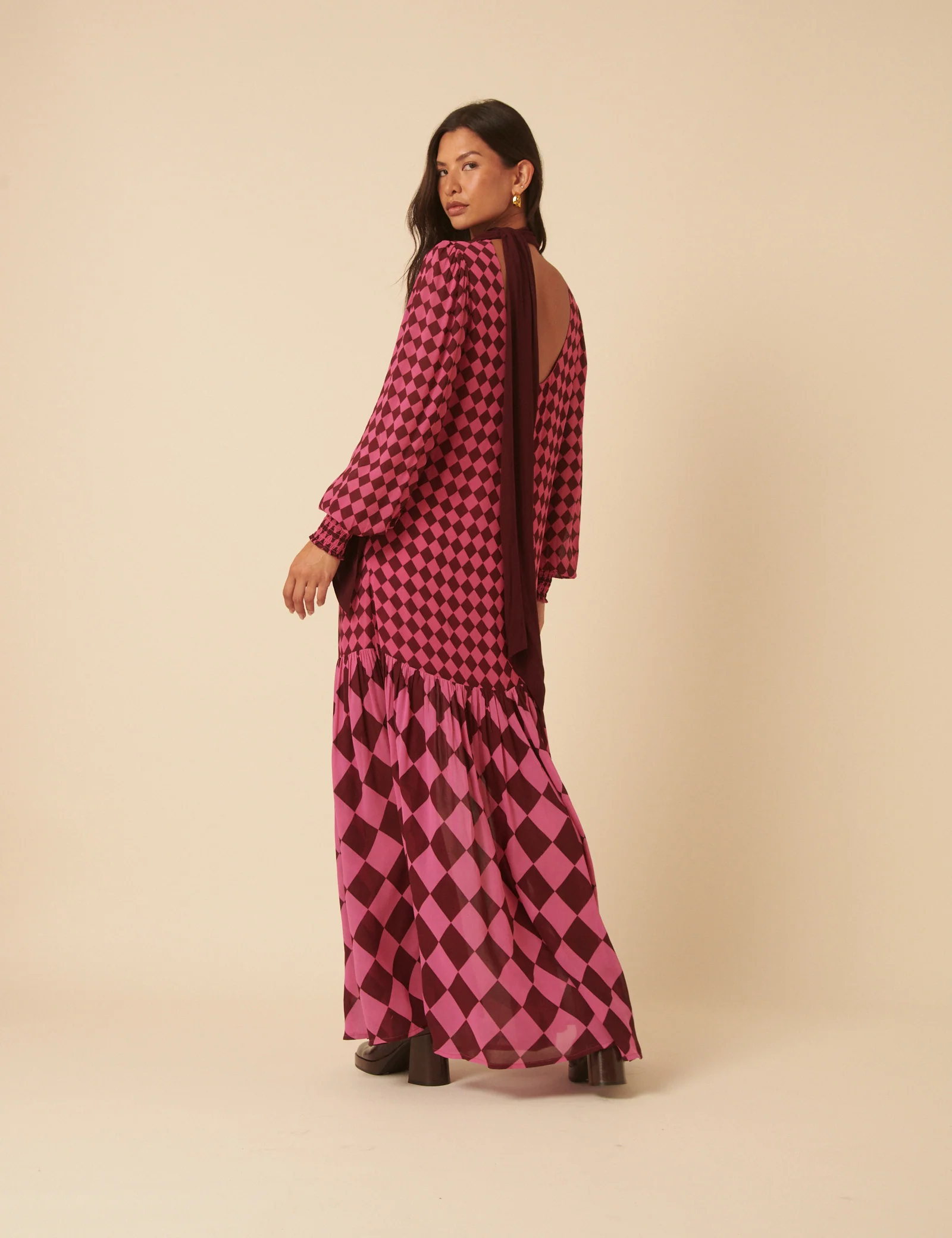 NC x Lisou Burgundy and Pink Printed Scarf Tiered Maxi Dress - Image 5