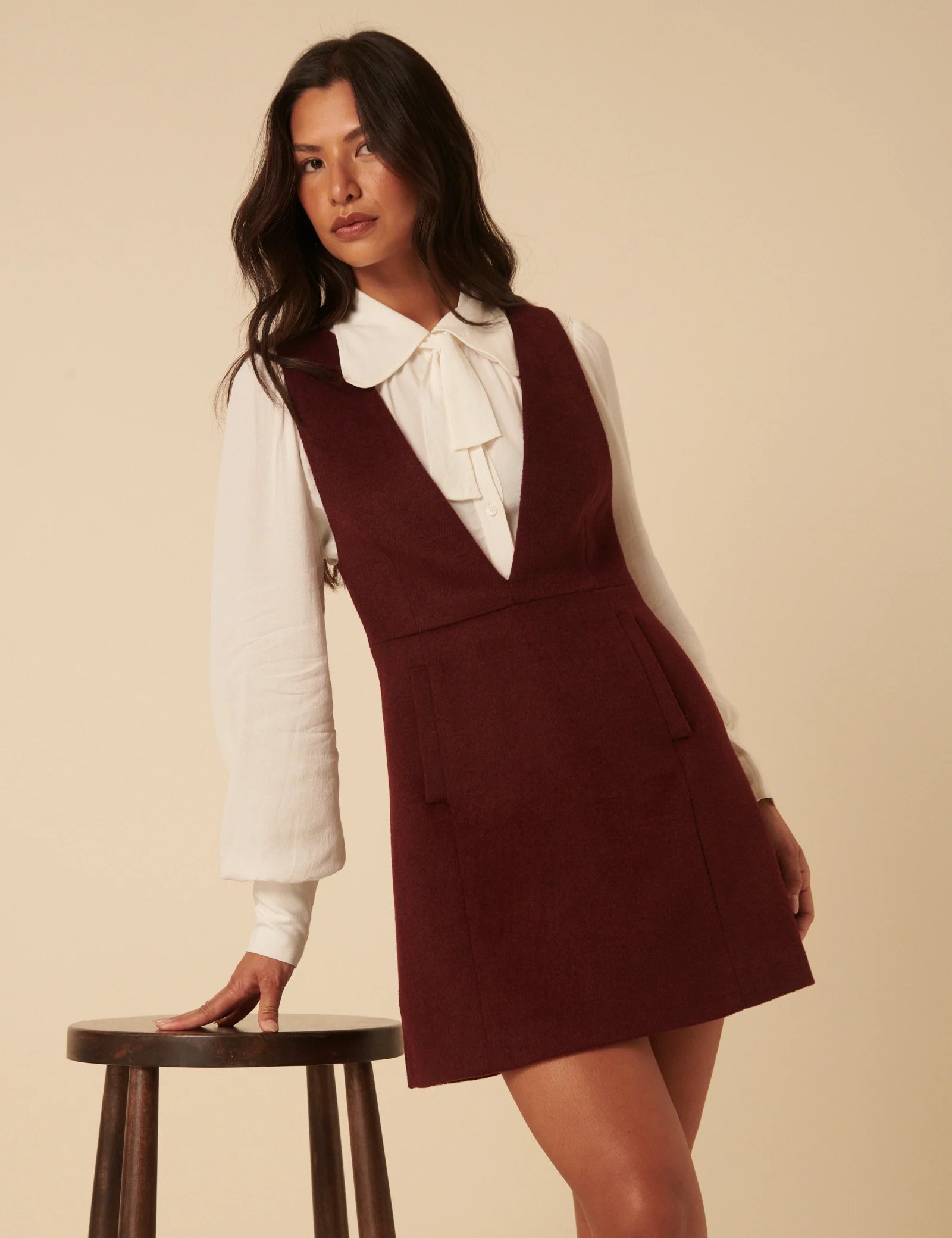 NC x Lisou Burgundy Wool Blend Pinafore Dress - Image 3