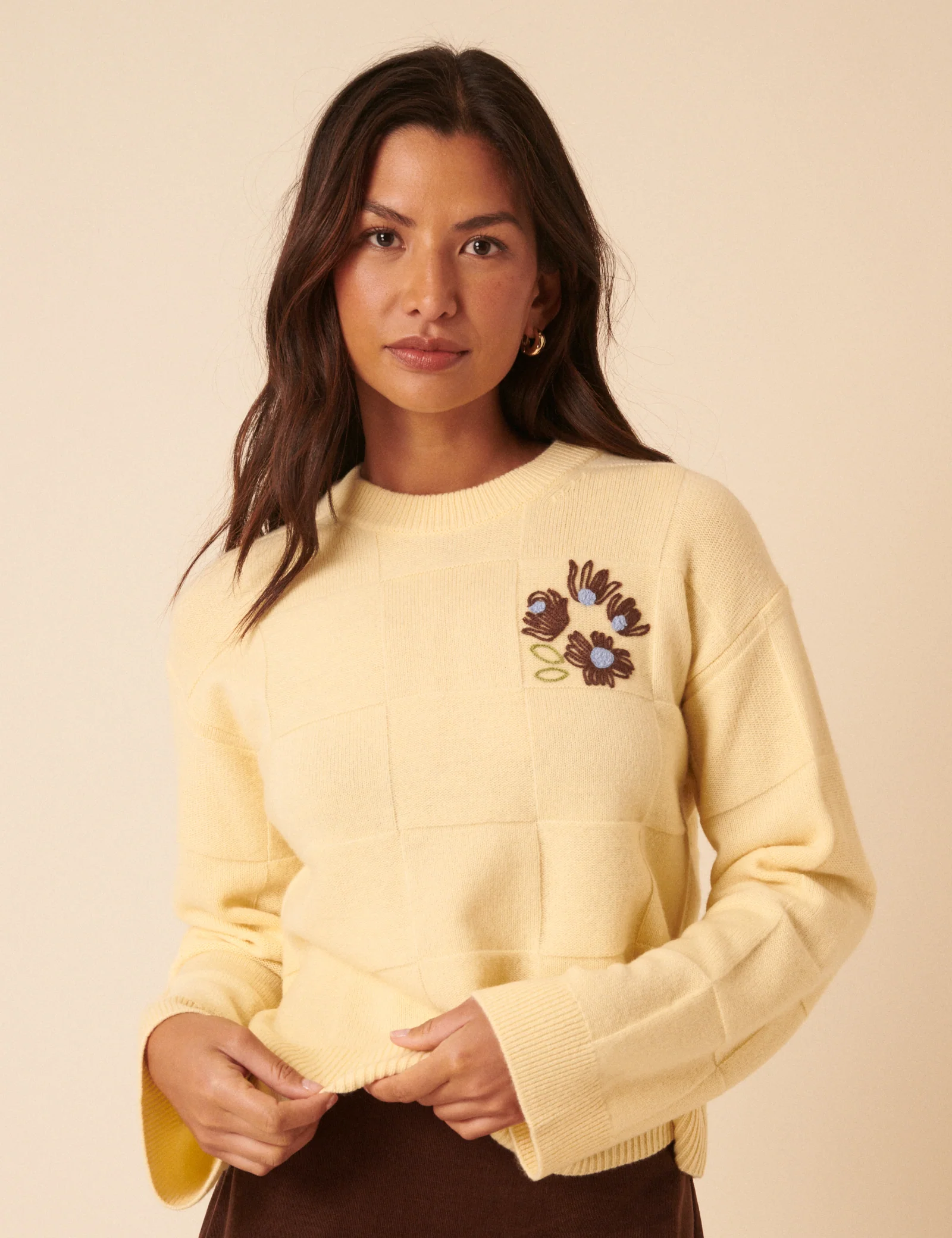 NC x TBCo Yellow Check Floral Embroidered Wool Jumper - Image 3