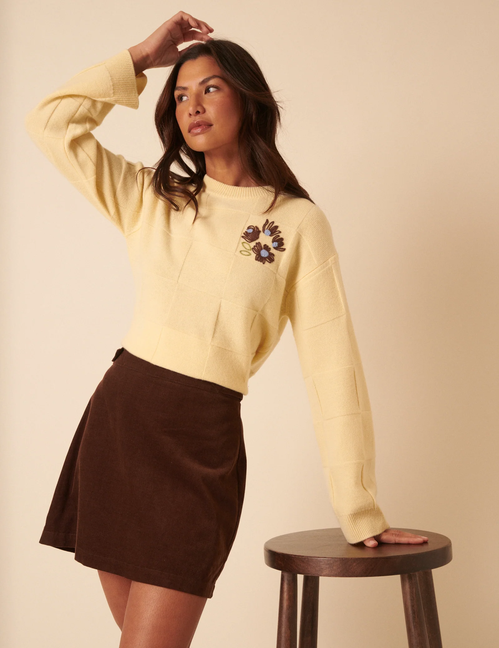 NC x TBCo Yellow Check Floral Embroidered Wool Jumper - Image 4