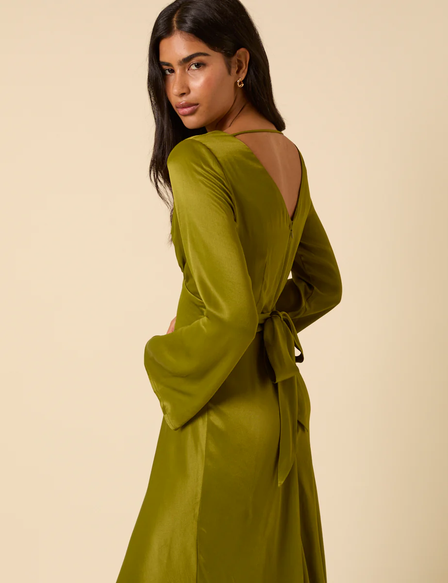 Olive Green Satin Long Sleeve Stella Midi Dress - Image 3