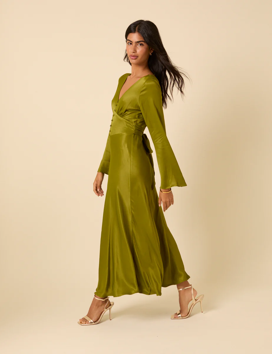Olive Green Satin Long Sleeve Stella Midi Dress - Image 4