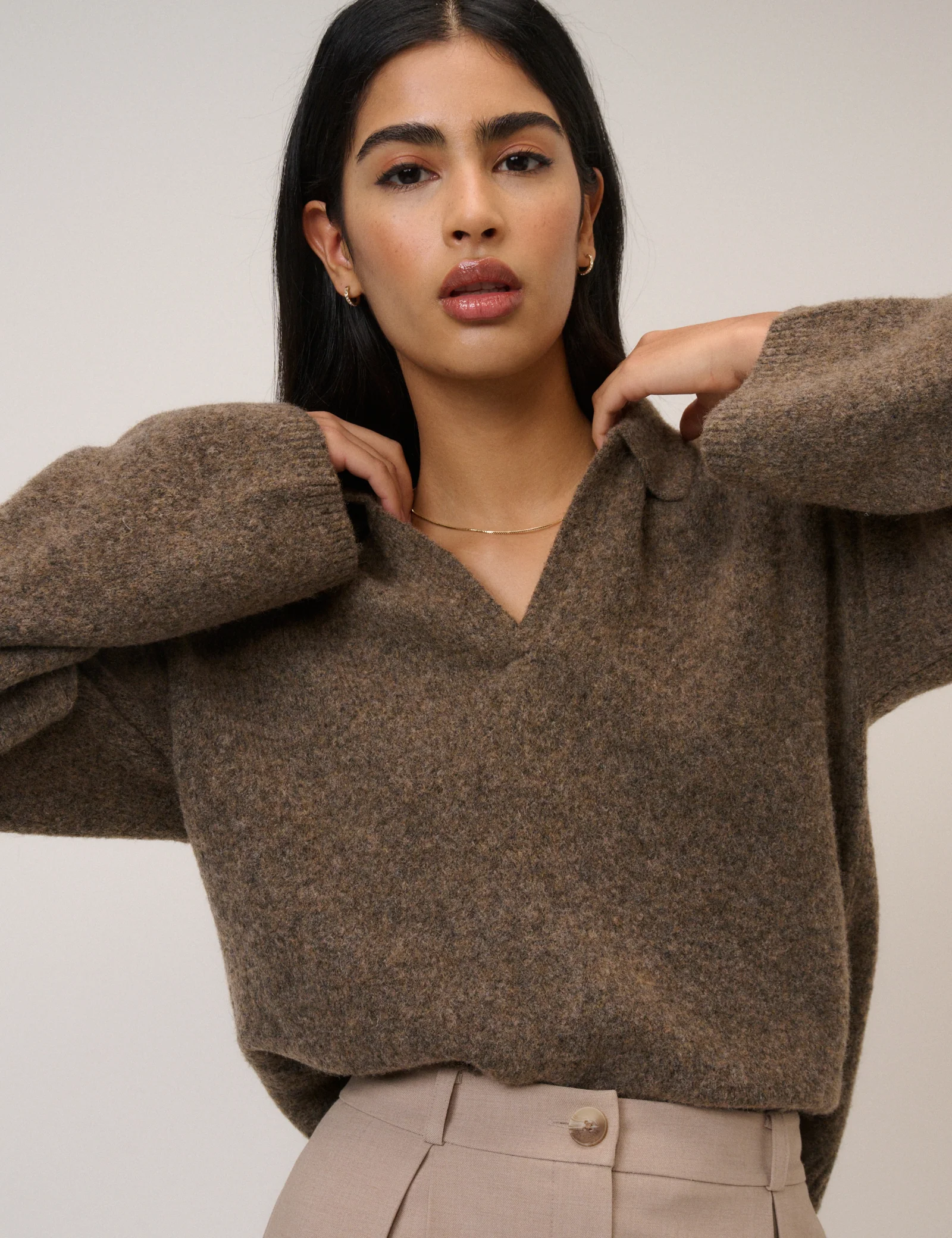 Brown Open Collar Polo Knitted Jumper - Image 2
