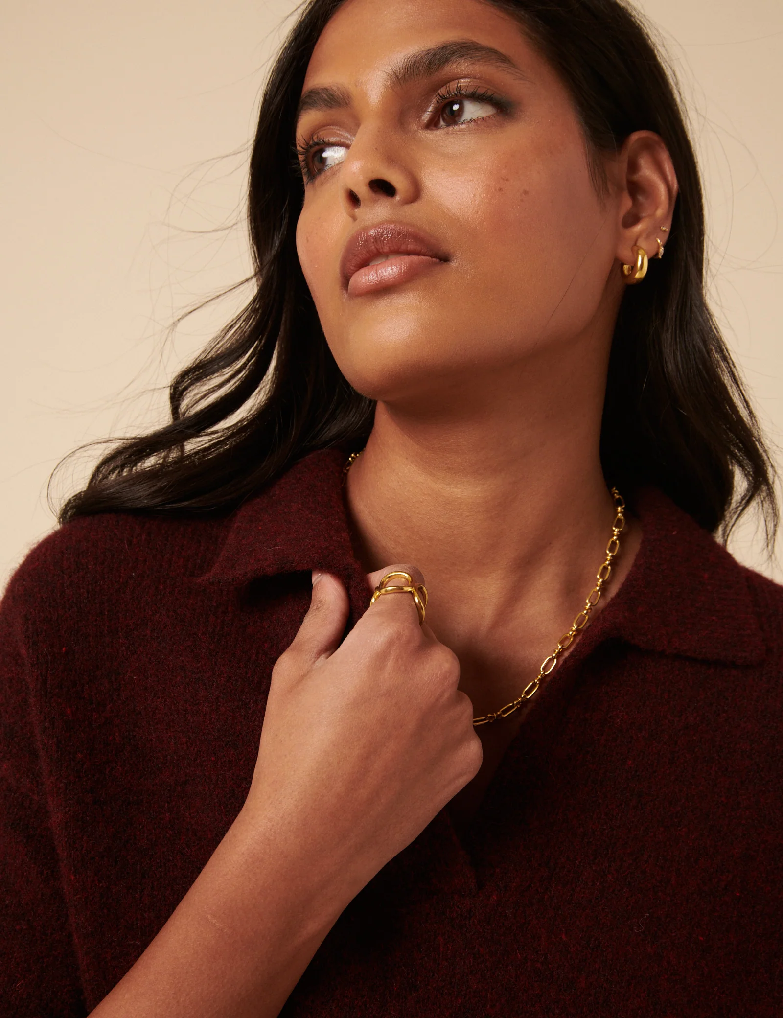 Burgundy Open Collar Polo Knitted T-Shirt - Image 3
