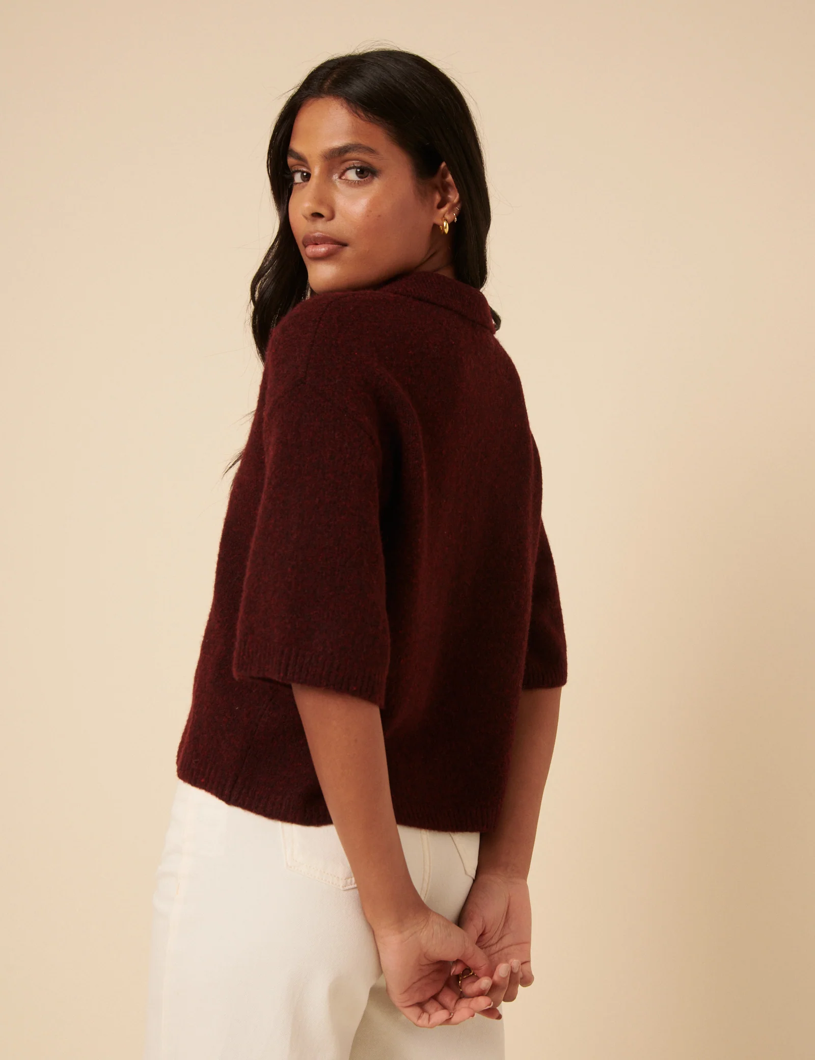 Burgundy Open Collar Polo Knitted T-Shirt - Image 4
