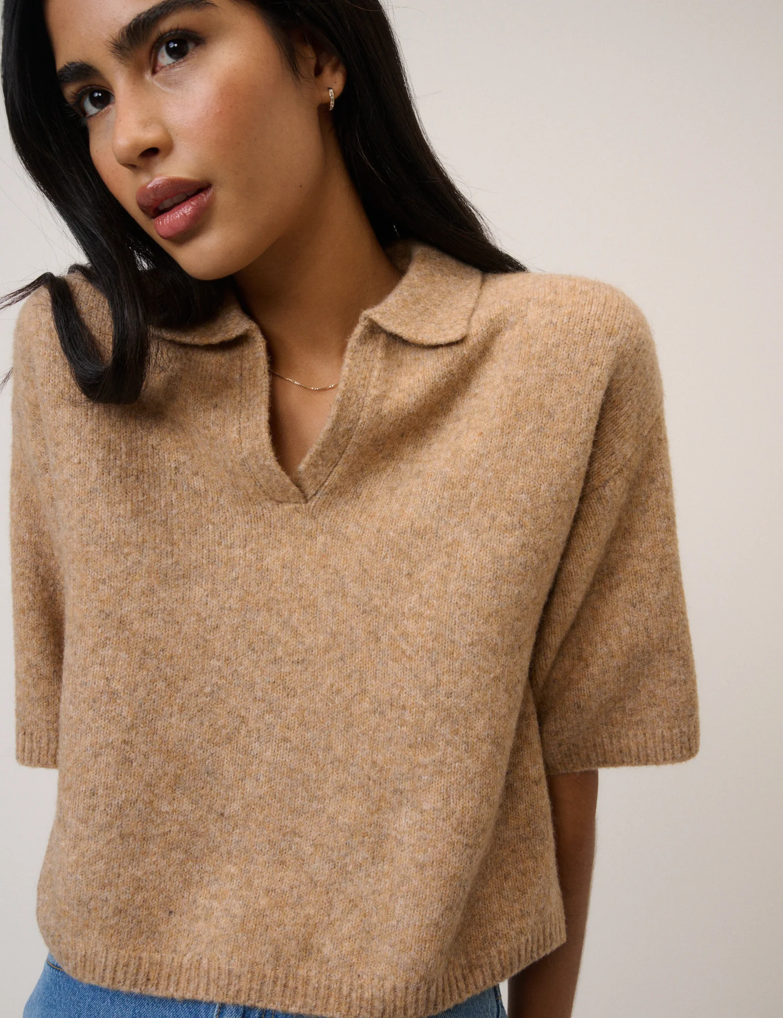 Brown Open Collar Polo Knitted T-Shirt - Image 2