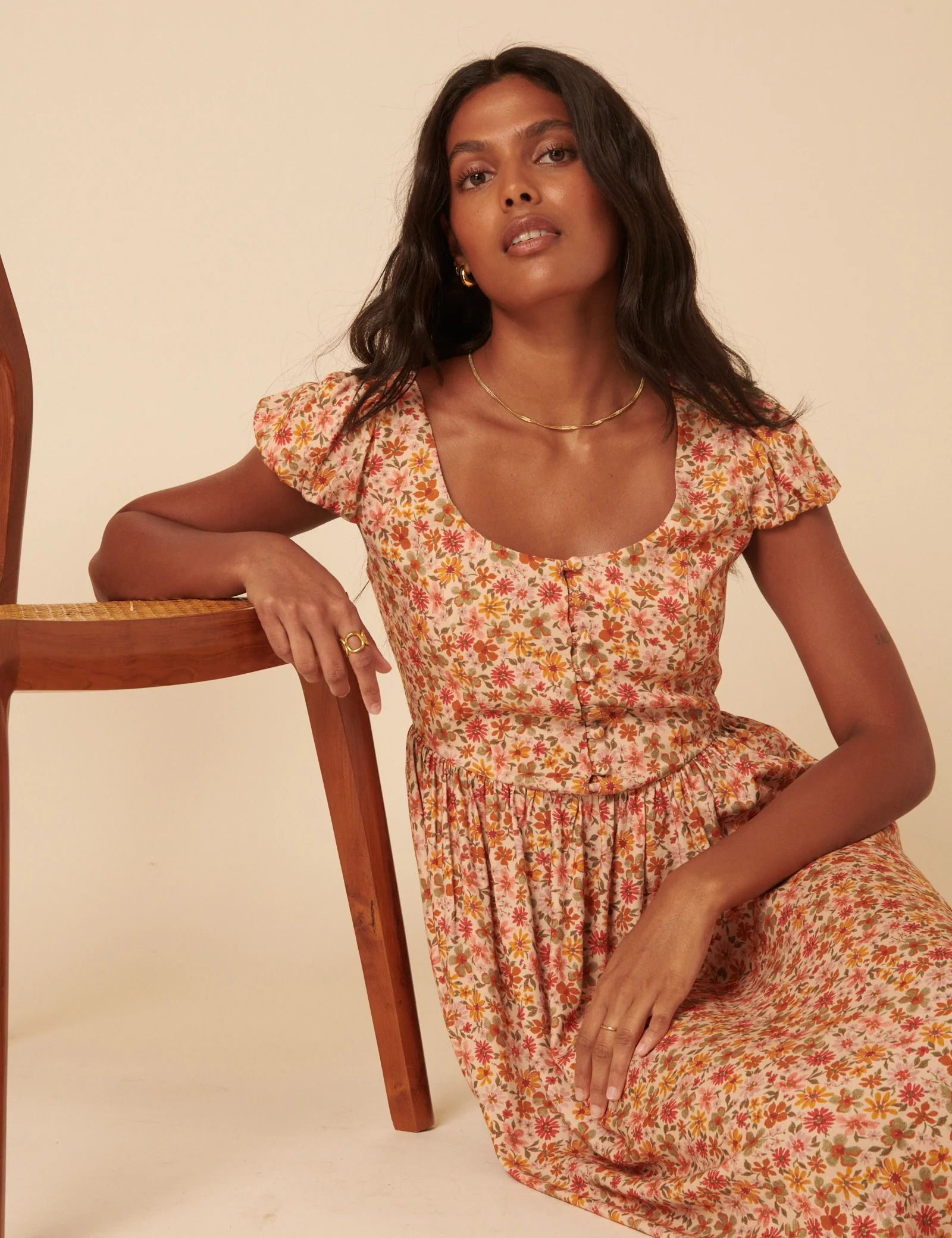 Orange Floral Puff Sleeve Cora Midi Dress - Image 2