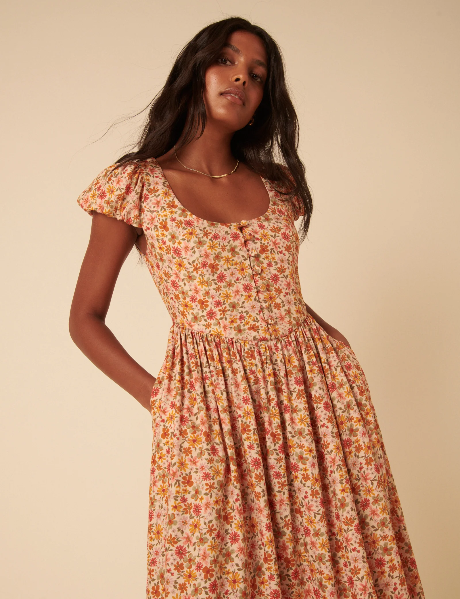 Orange Floral Puff Sleeve Cora Midi Dress - Image 4