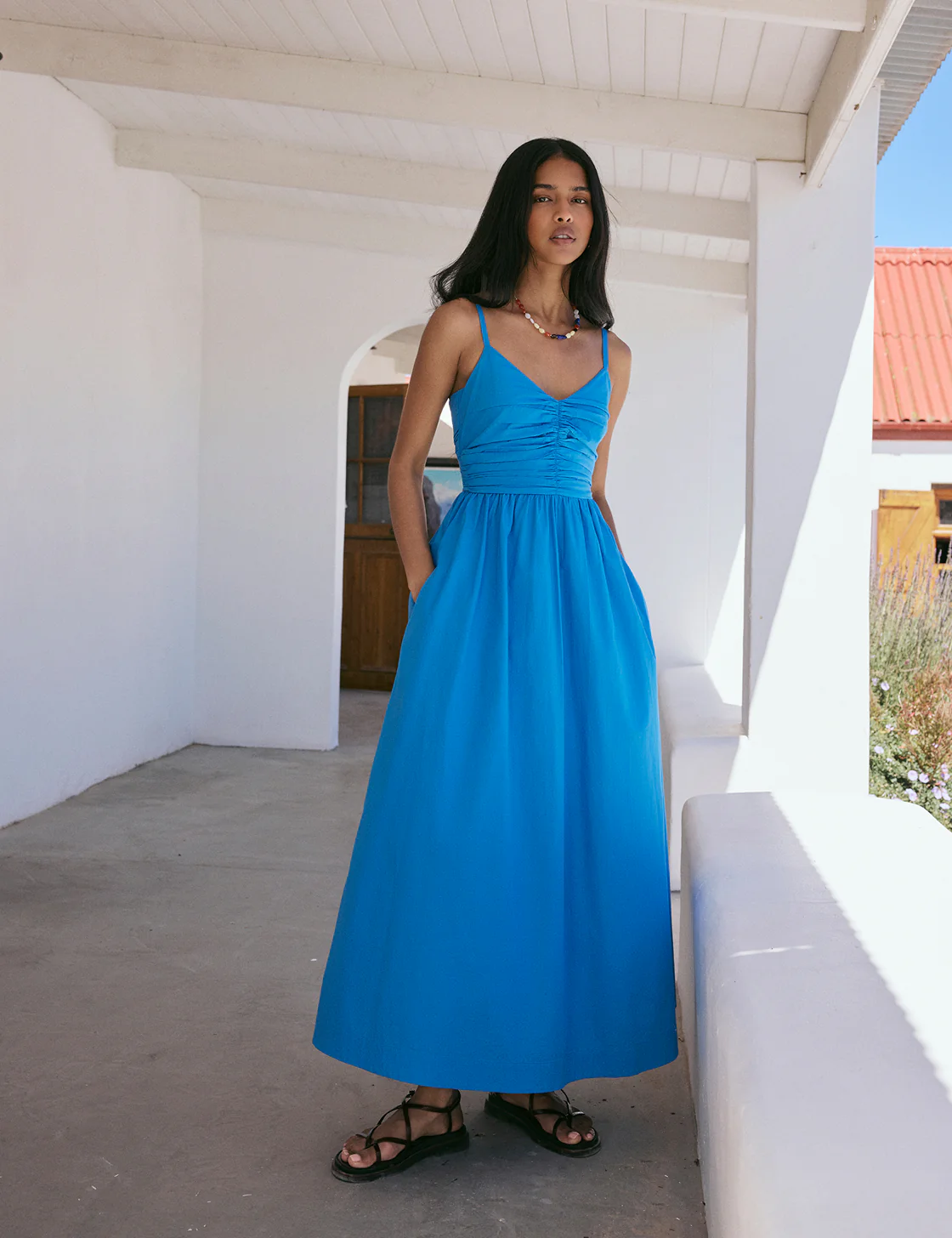 Blue Ruched Paige Midi Dress