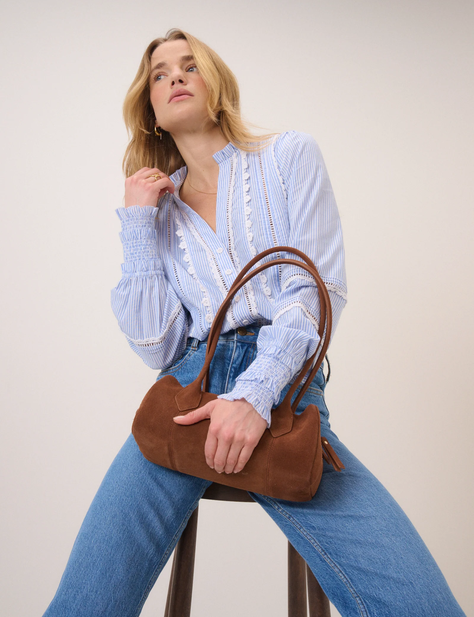 Blue Pinstripe Lace Trim Blouse - Image 5
