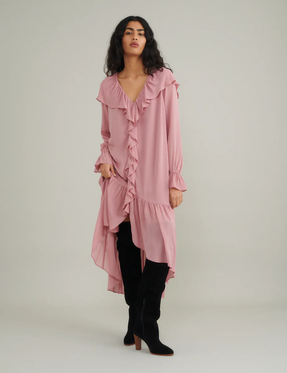 Pink Chiffon Ruffle Trim Koko Midi Smock Dress - Image 2