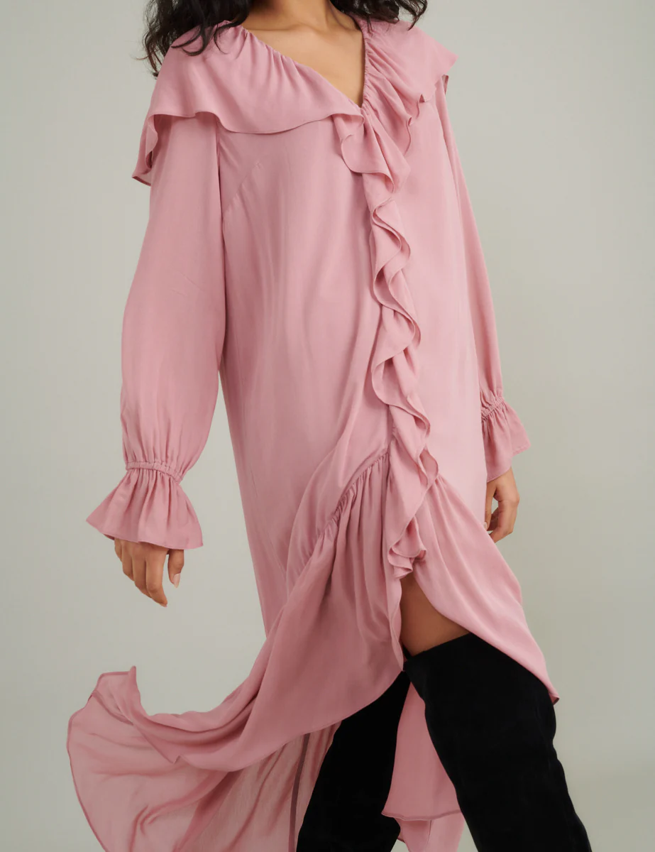 Pink Chiffon Ruffle Trim Koko Midi Smock Dress - Image 4