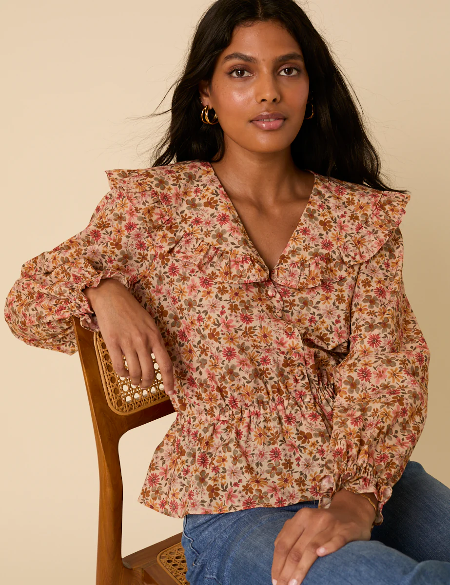 Pink Floral Frill Collar Top - Image 3