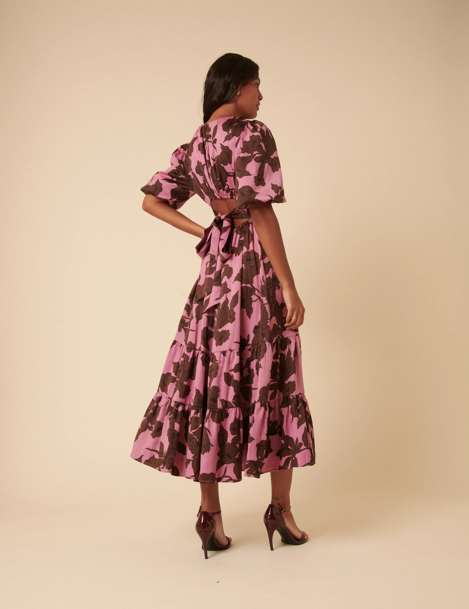 Pink Floral Puff Sleeve Zelda Midi Dress - Image 3