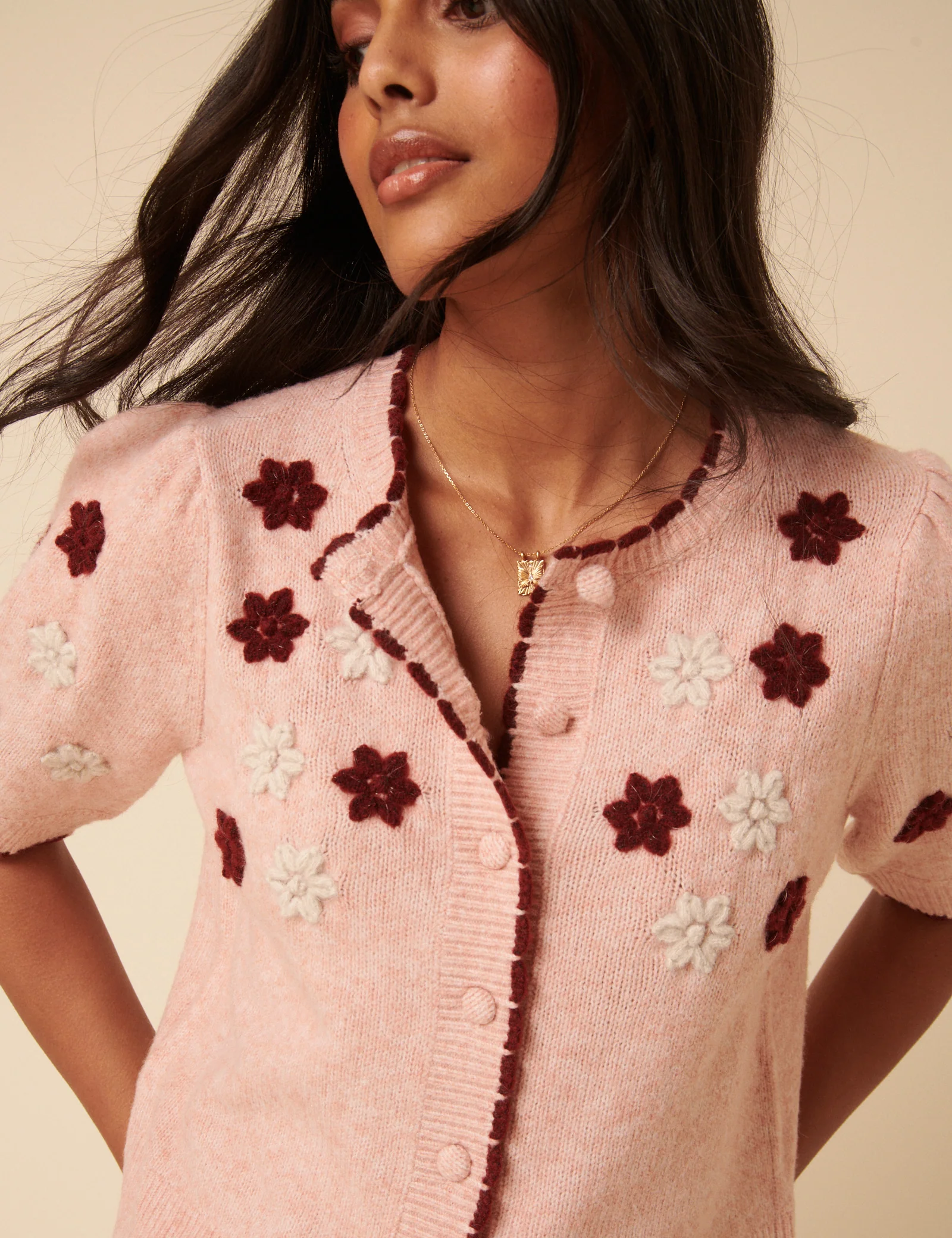 Pink Floral Yoke Embroidered Short Sleeve Cardigan - Image 3