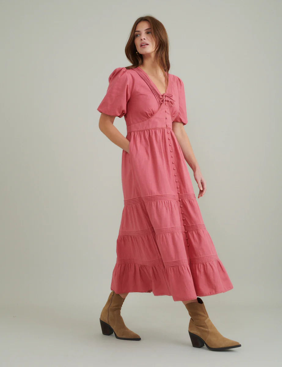 Pink Puff Sleeve Tiered Alexandra Midi Dress - Image 3
