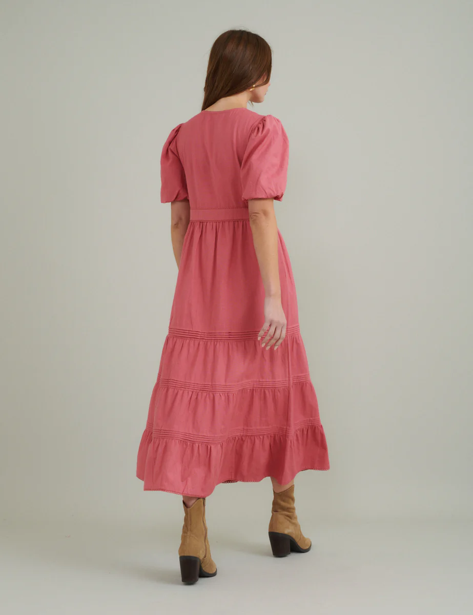 Pink Puff Sleeve Tiered Alexandra Midi Dress - Image 4