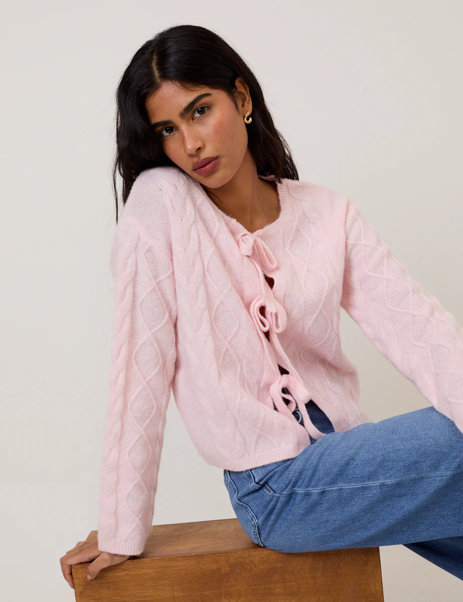 Pink Tie Front Cable Knitted Cardigan - Image 2