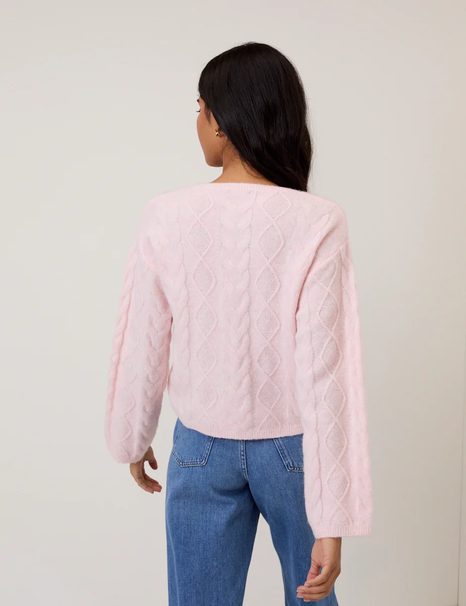 Pink Tie Front Cable Knitted Cardigan - Image 5