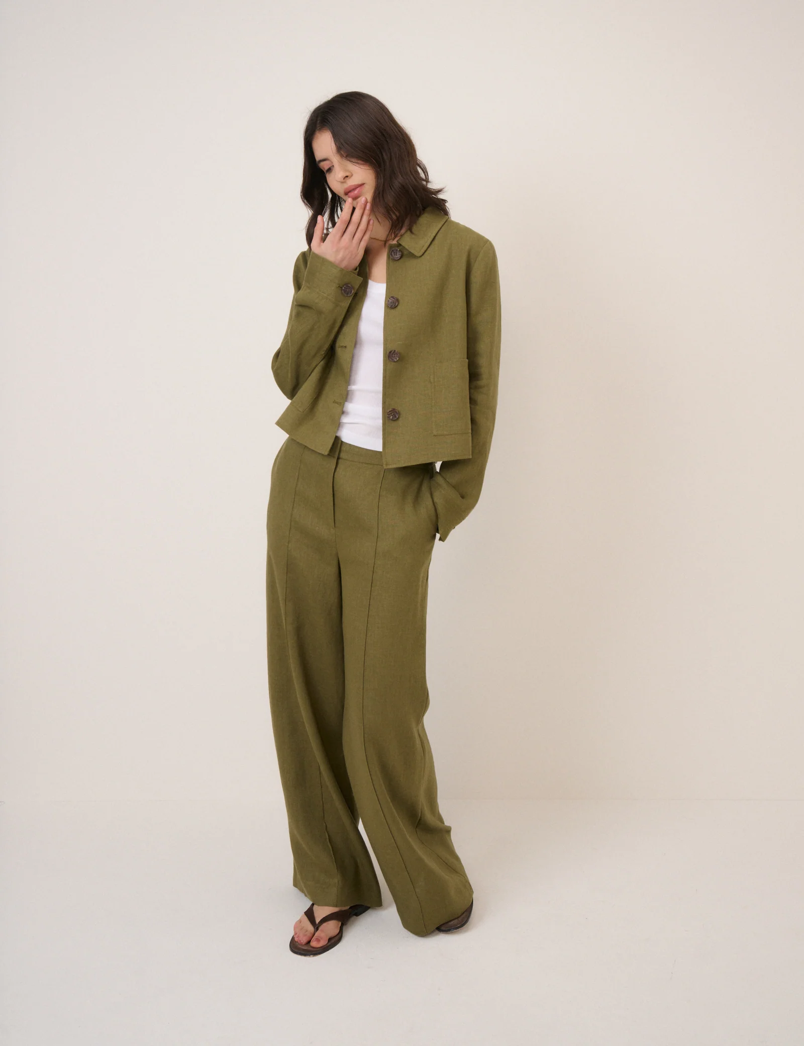 Khaki Linen-Blend Wide Leg Tailored Trousers - Image 3