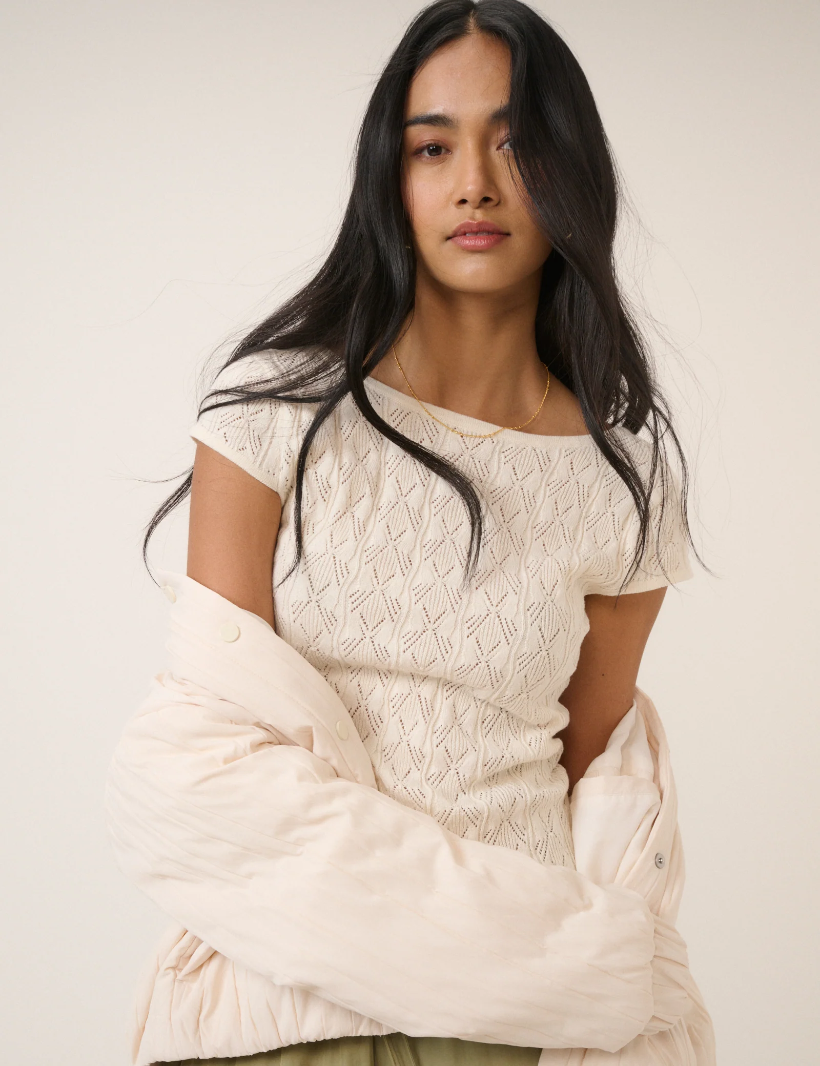 White Pointelle Knitted Tee - Image 5