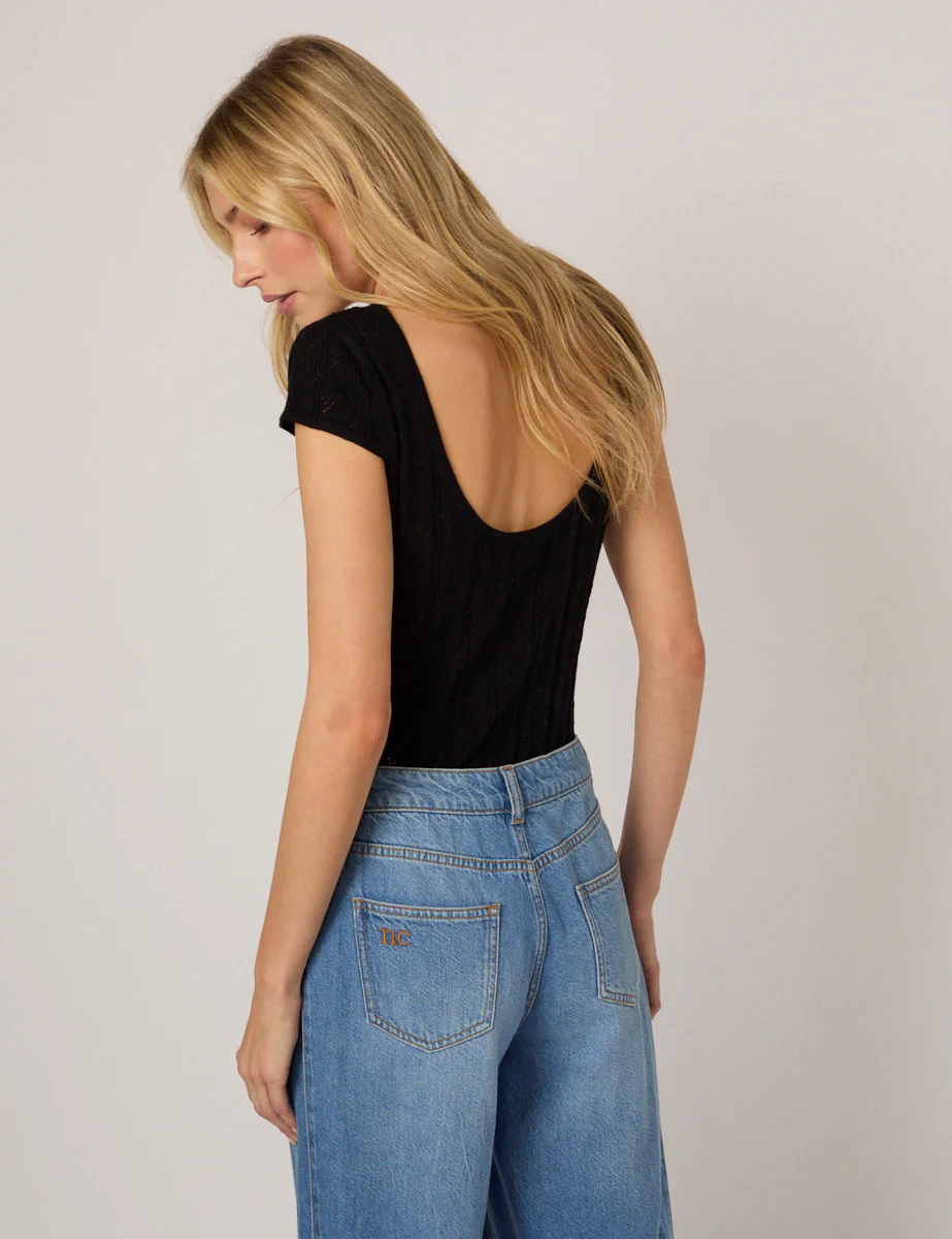 Black Pointelle Knitted T-Shirt - Image 2