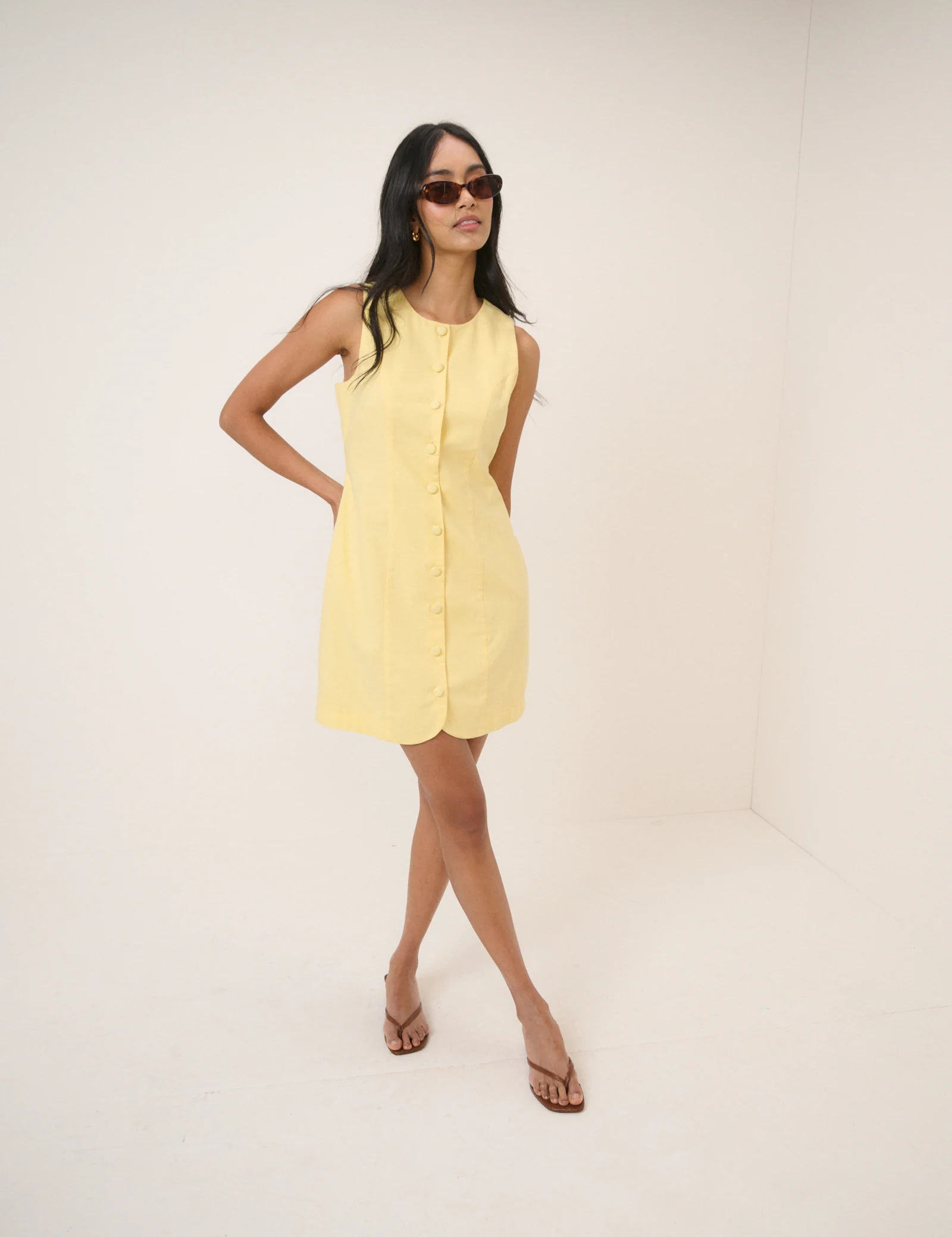 Yellow Button Through Tailored Polly Mini Dress - Image 5