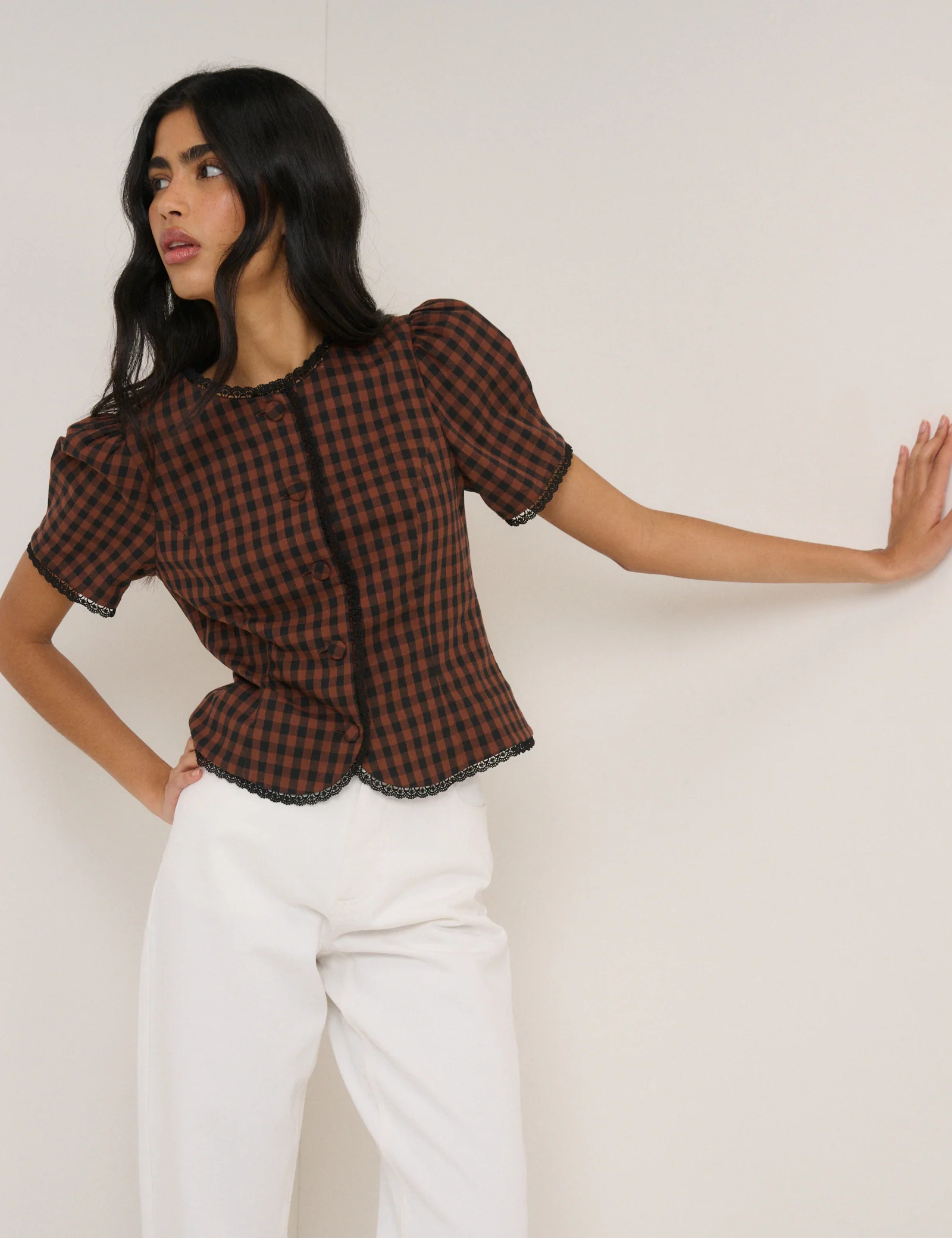 Brown Gingham Puff Sleeve Tailored Top - Image 2