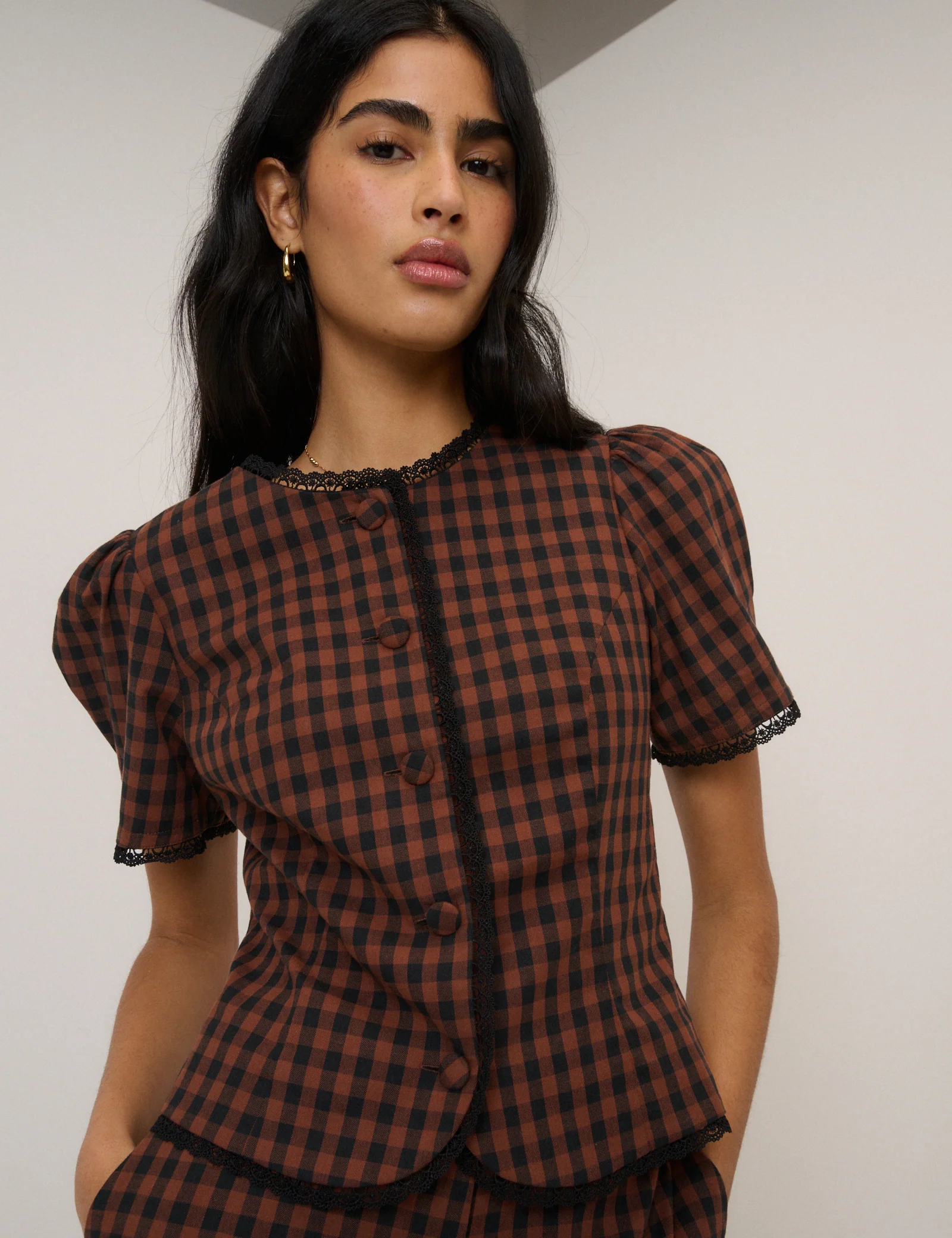 Brown Gingham Puff Sleeve Tailored Top - Image 3
