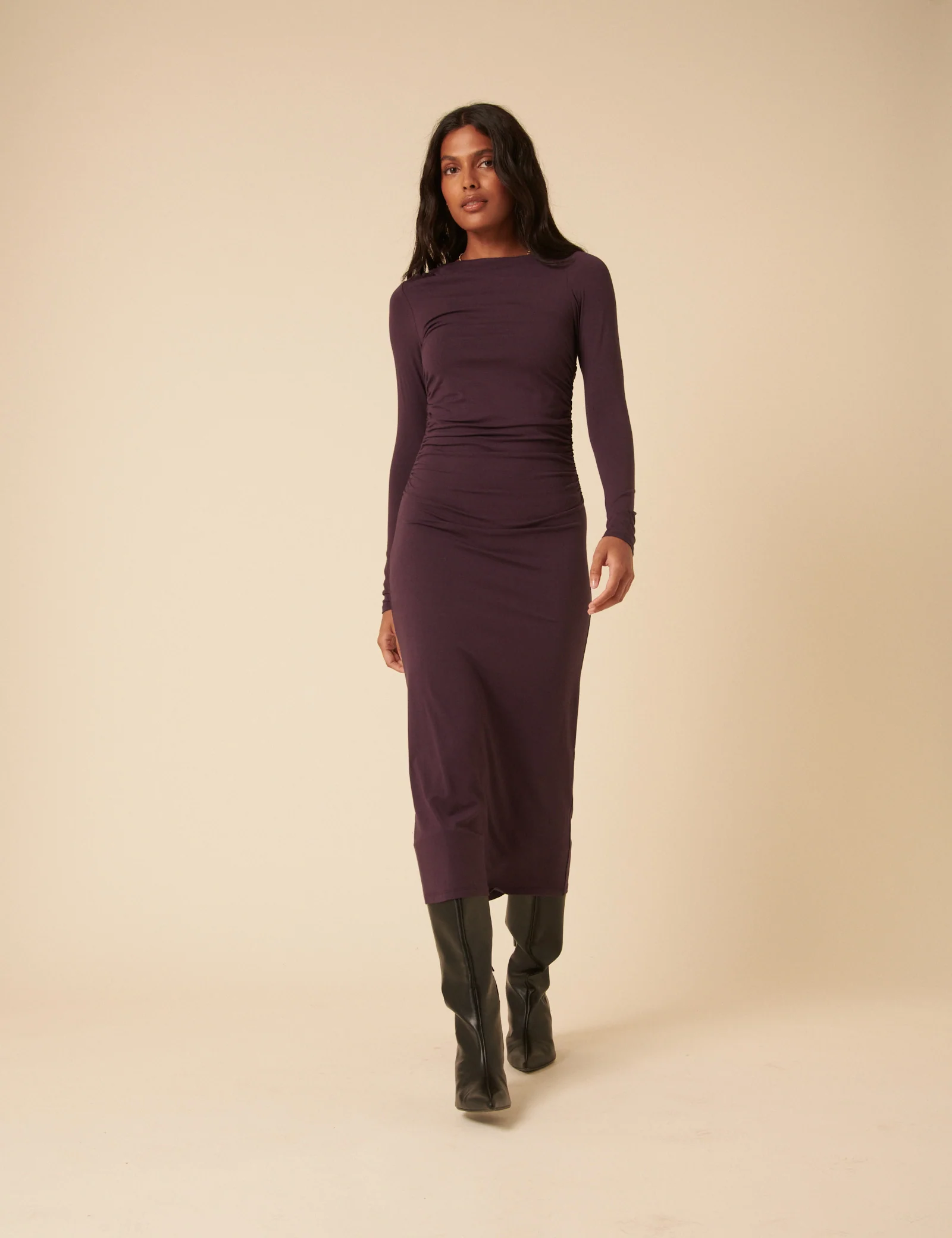 Purple Jersey Draped Laurella Midi Dress - Image 3