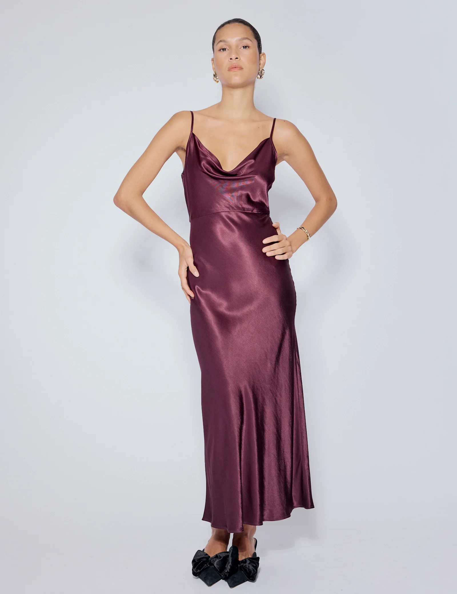Purple Satin Cowl Neck Trixie Midi Dress - Image 2