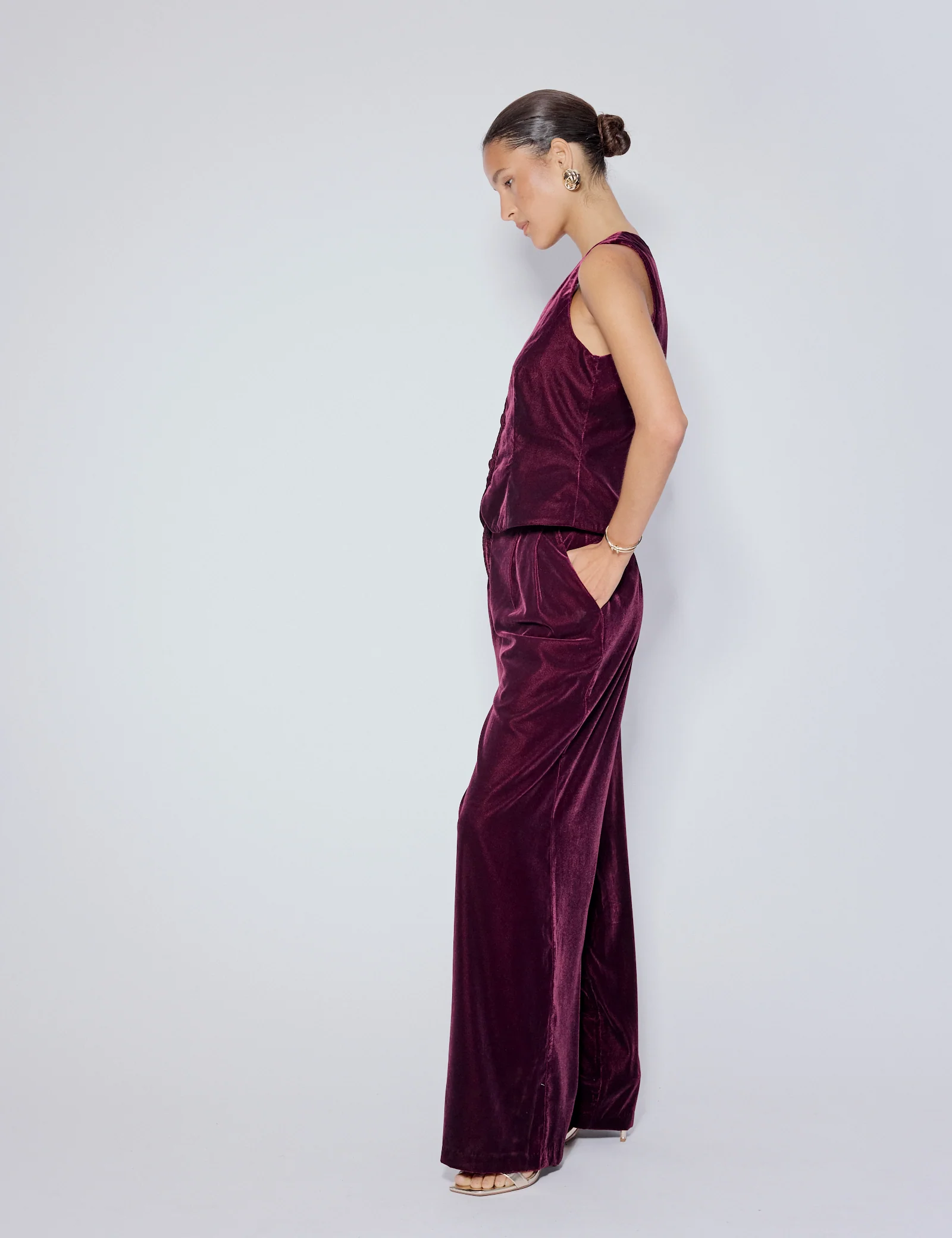 Burgundy Velvet Wide Leg Trousers - Image 3