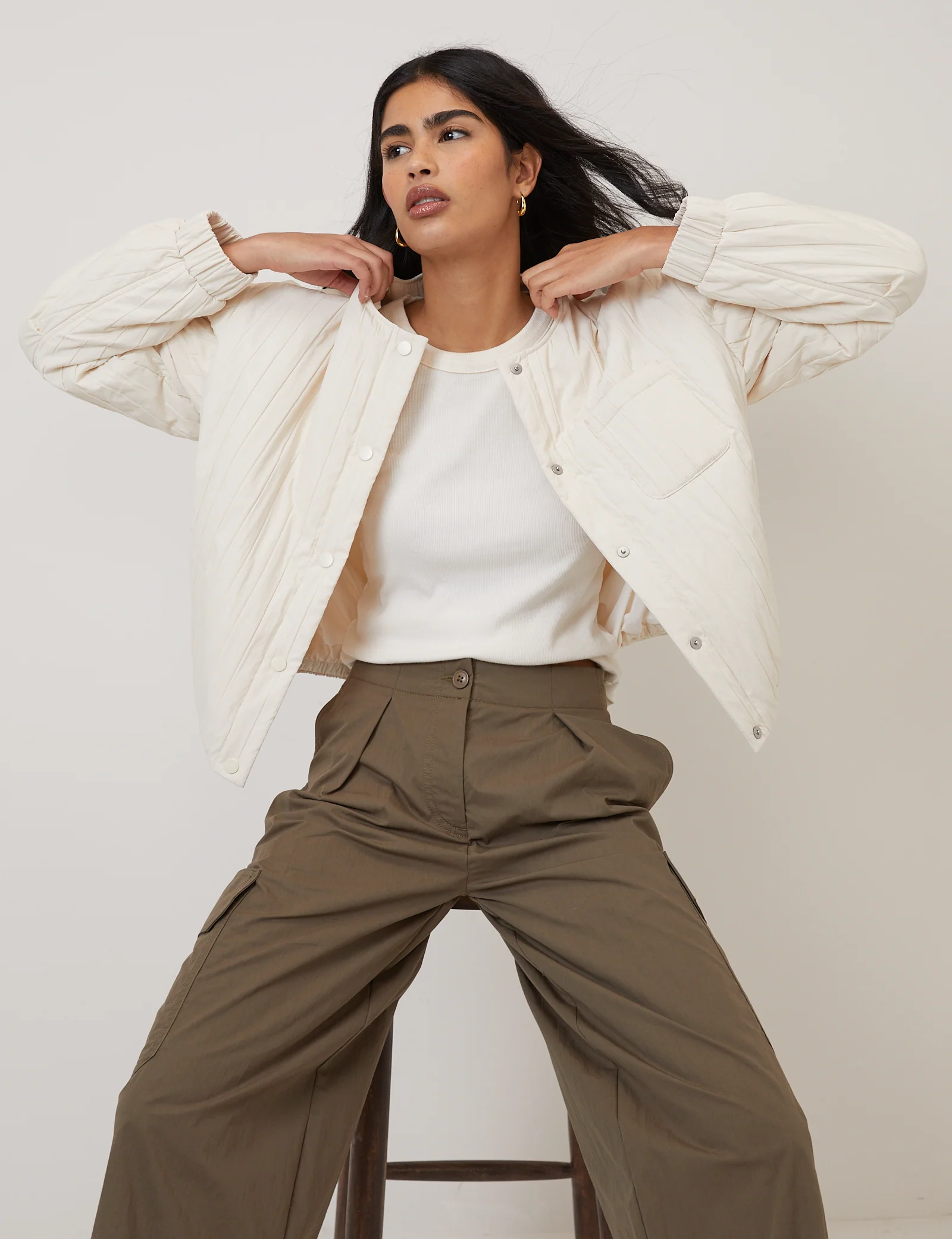 Cream Quilted Bomber Jacket - Image 5