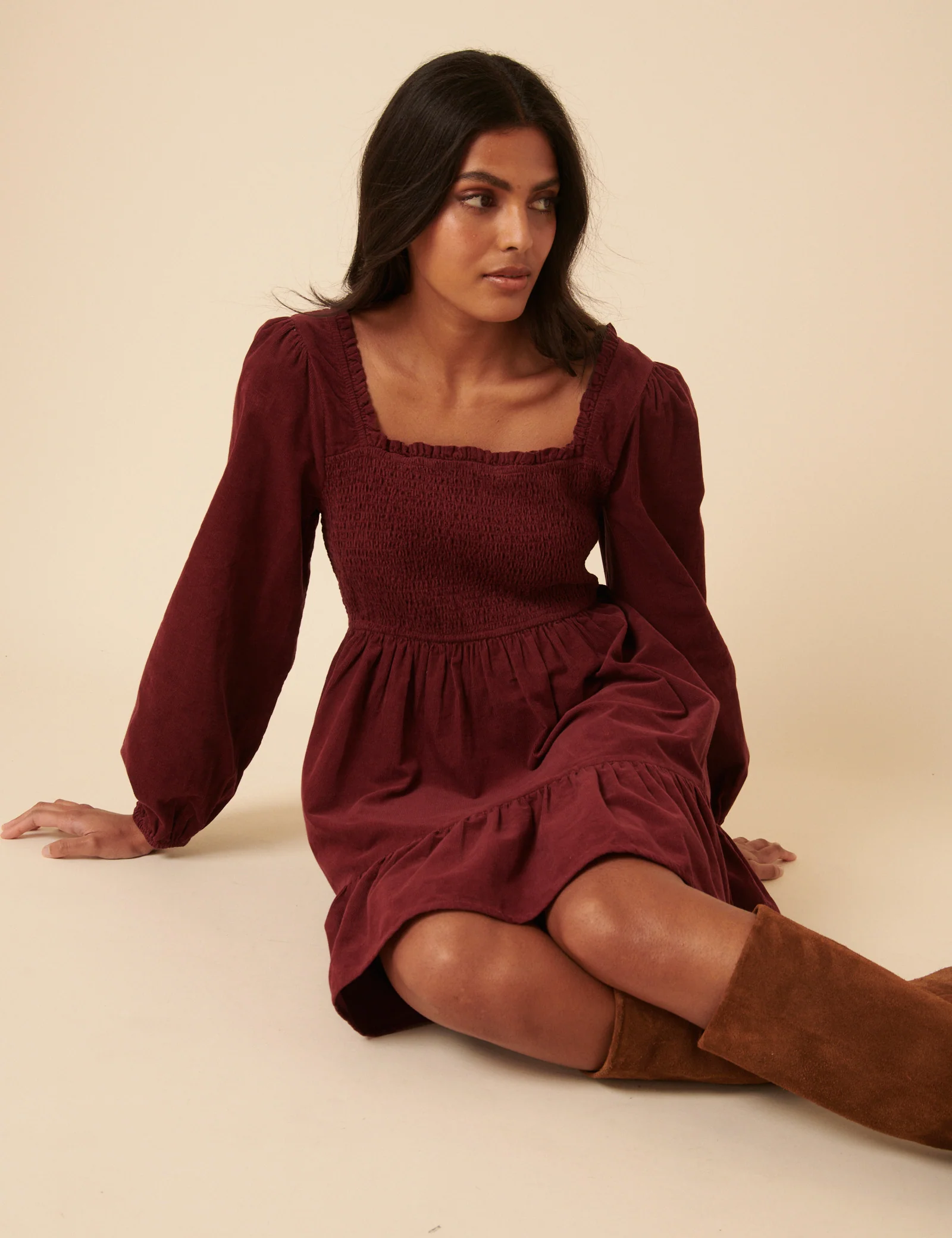 Red Balloon Sleeve Cord Tiered Elsa Mini Dress - Image 3
