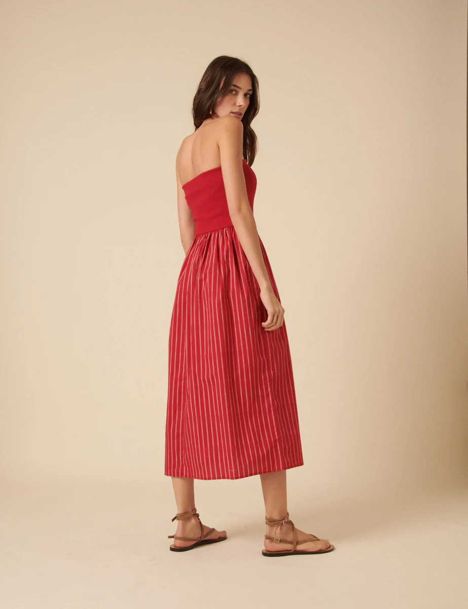 Red Bandeau Pinstripe Midi Dress - Image 4