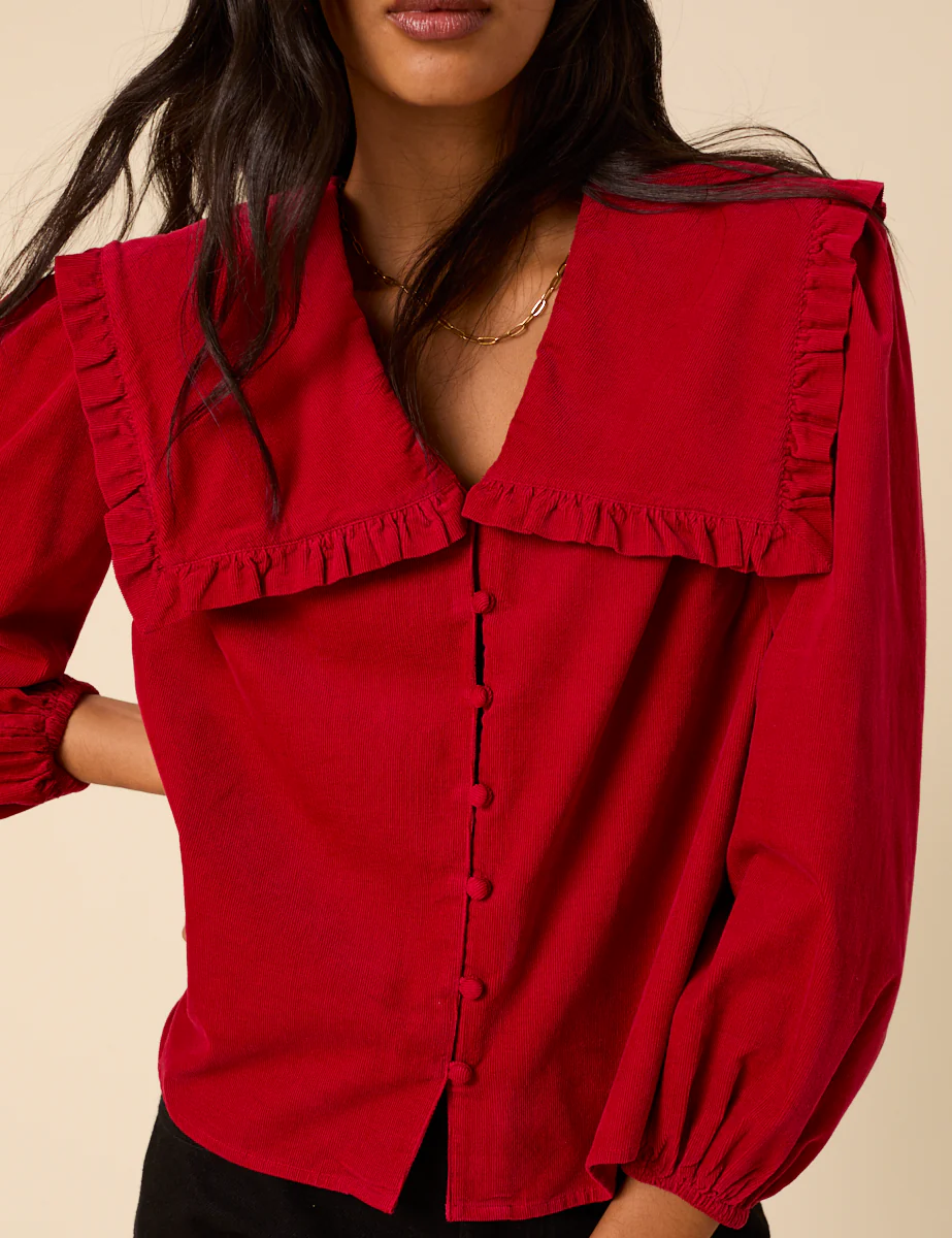 Red Cord Oversized Ruffle Collar Blouse - Image 2