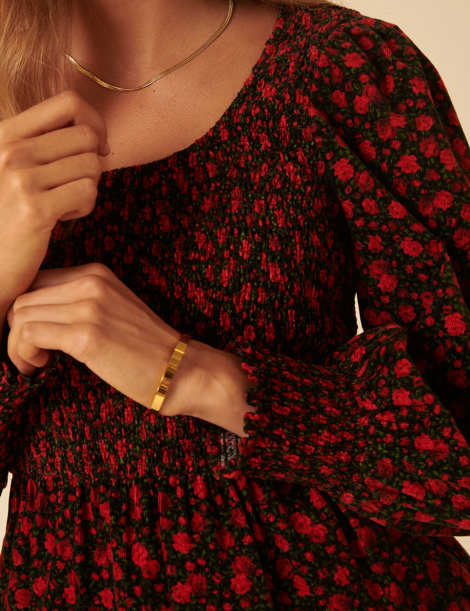 Red Floral Shirred Balloon Sleeve Top - Image 5
