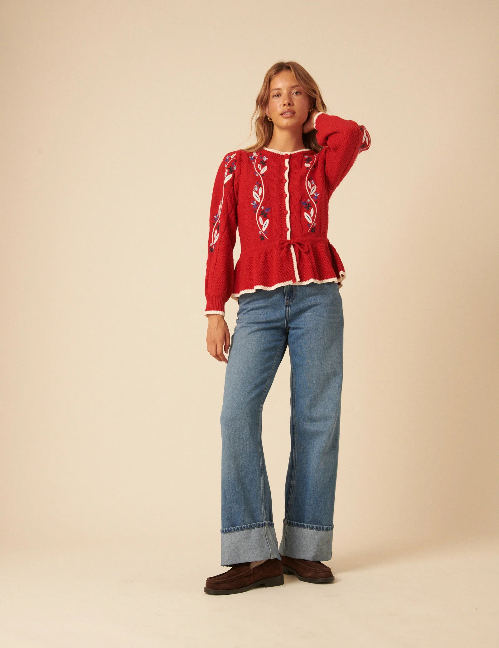 Red Floral Embroidered Cardigan - Image 2