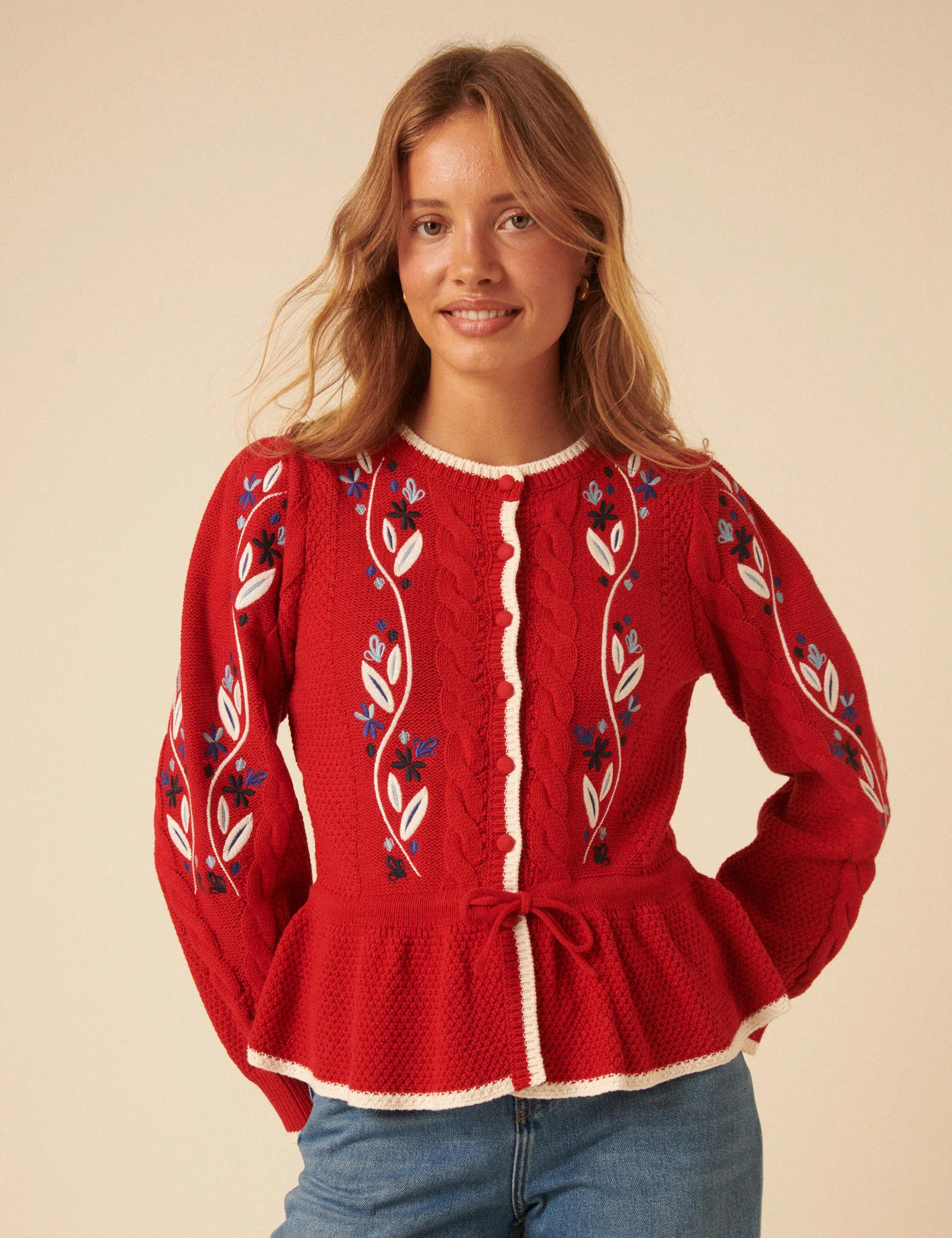 Red Floral Embroidered Cardigan - Image 3