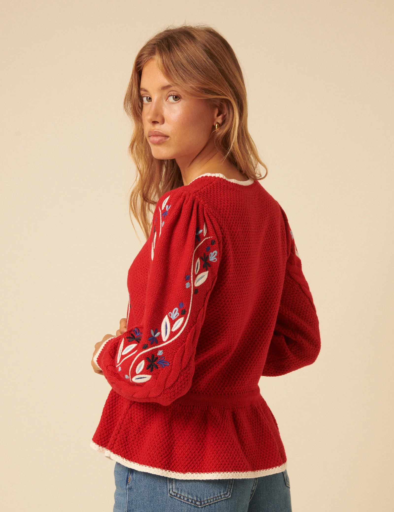Red Floral Embroidered Cardigan - Image 5