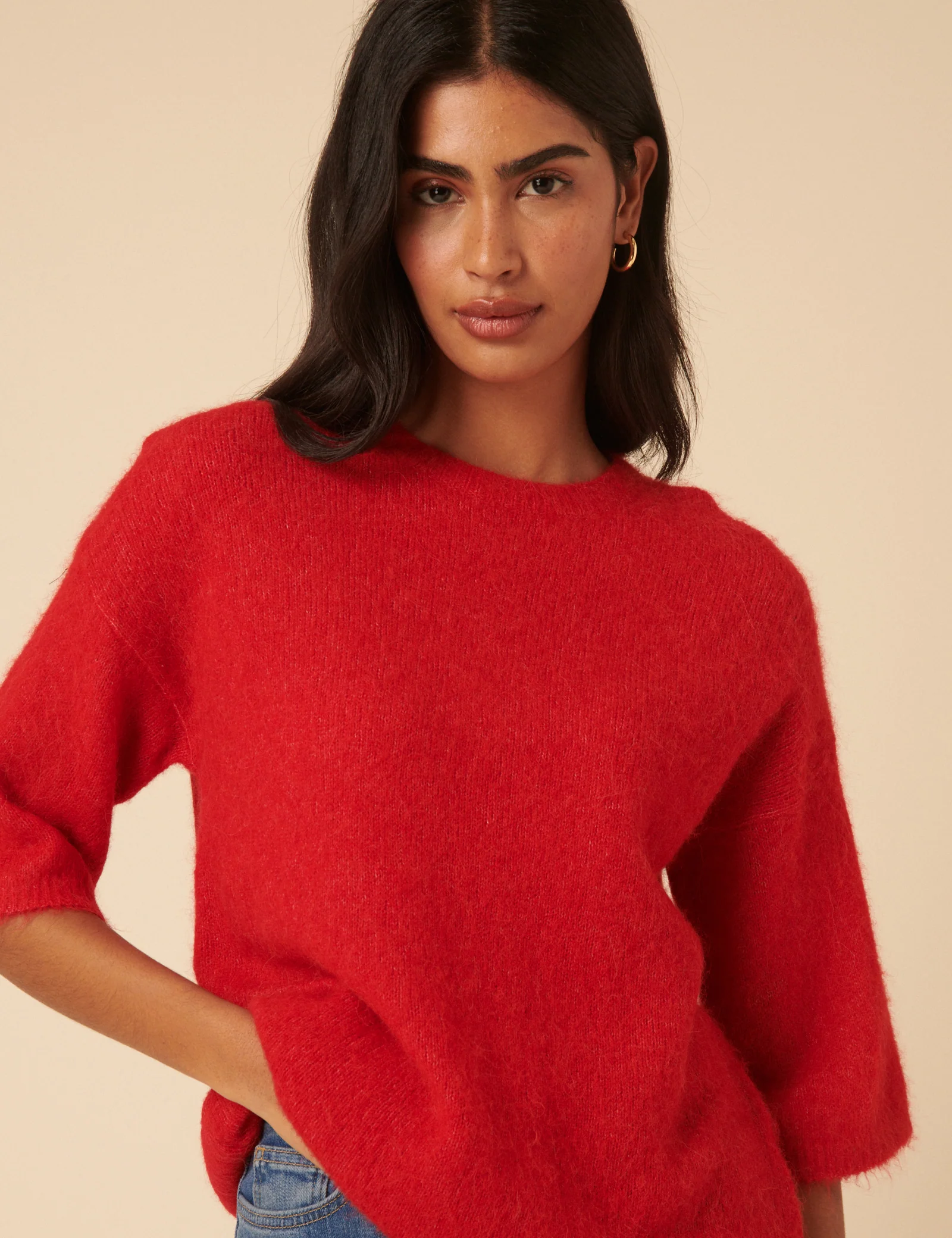 Red Fluffy Alpaca and Wool Blend Oversized Short Sleeve Jumper - Image 4